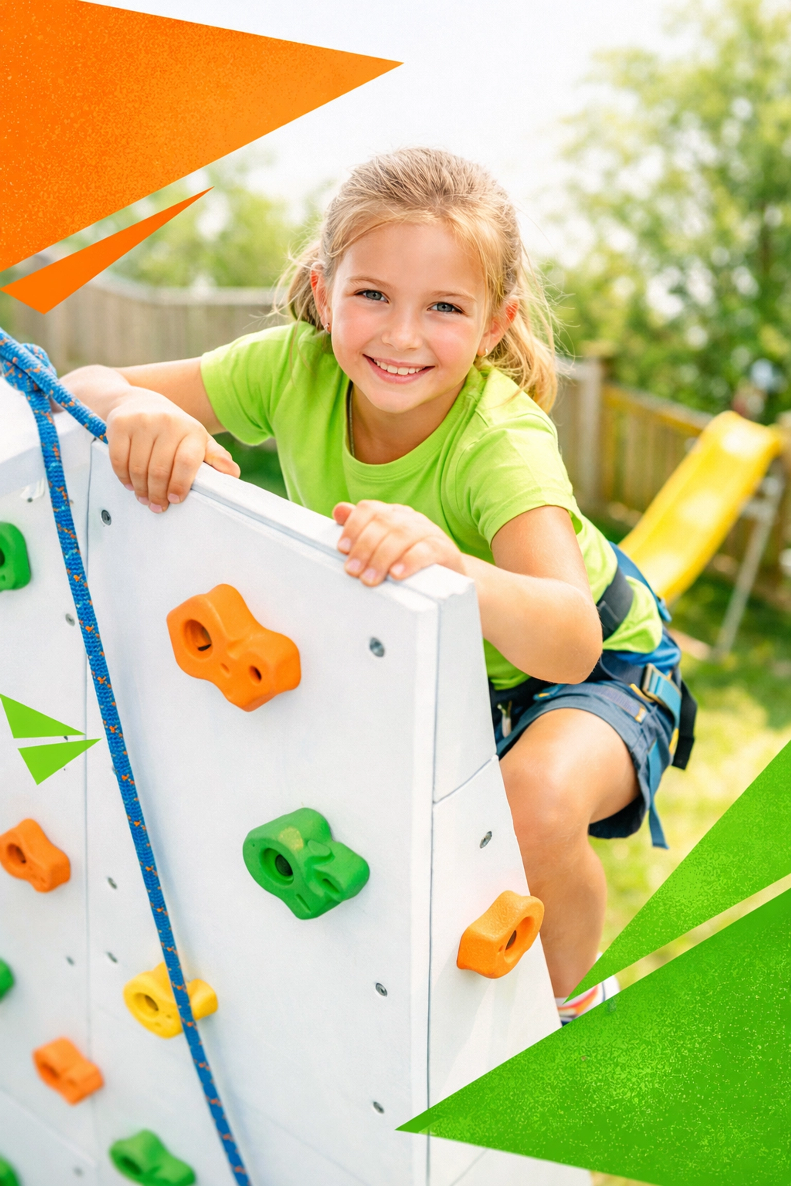 Young girl demonstrating resilience by triumphantly reaching the top of a climbing wall.