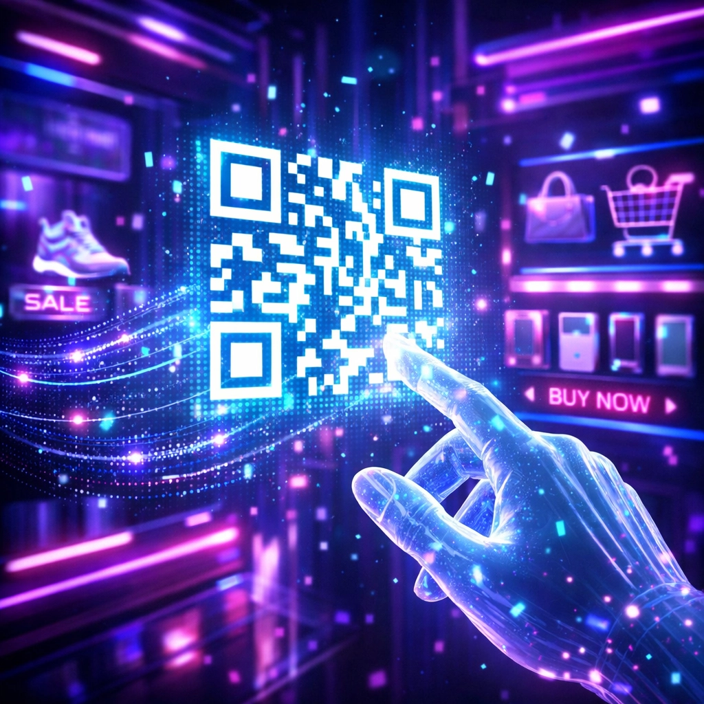 Customer scanning holographic QR code for instant VR payment in metaverse storefront