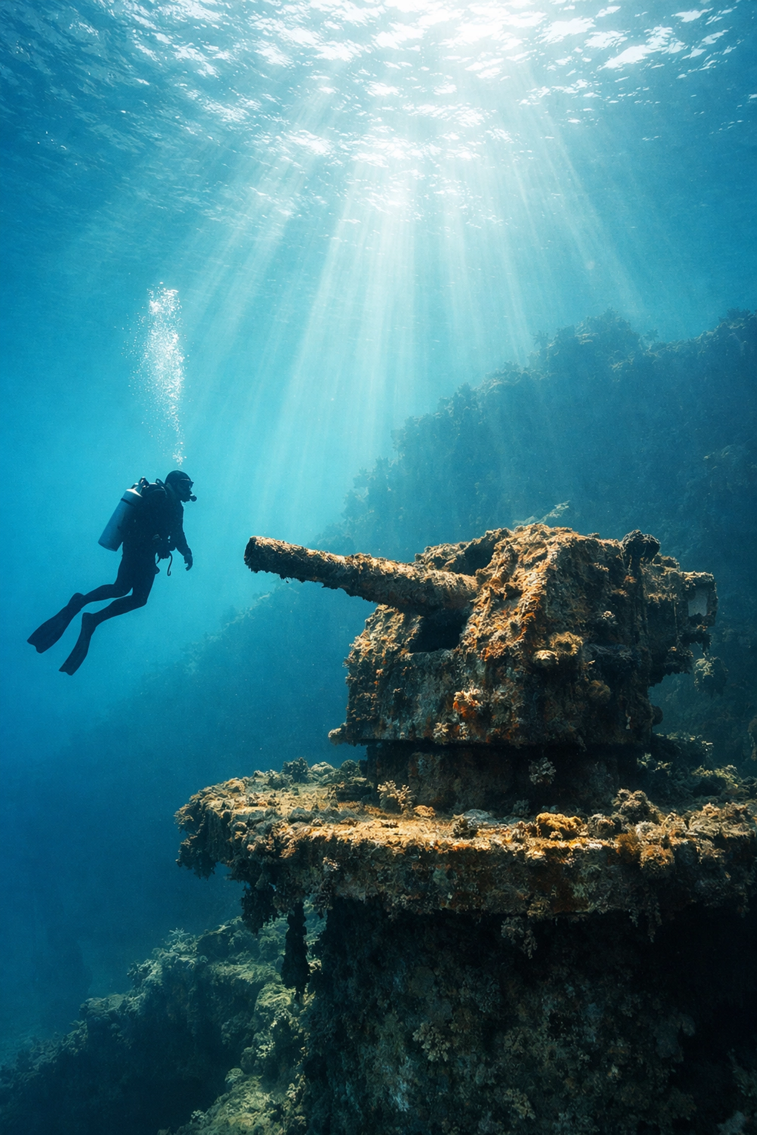 Scuba diver exploring a coral-covered WWII shipwreck gun turret in Coron, Philippines.