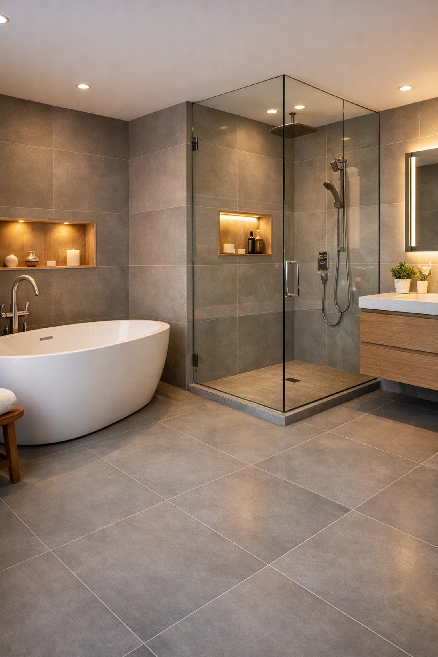 Professional tile installation in an Orlando bathroom featuring large-format matte grey porcelain floor tiles.