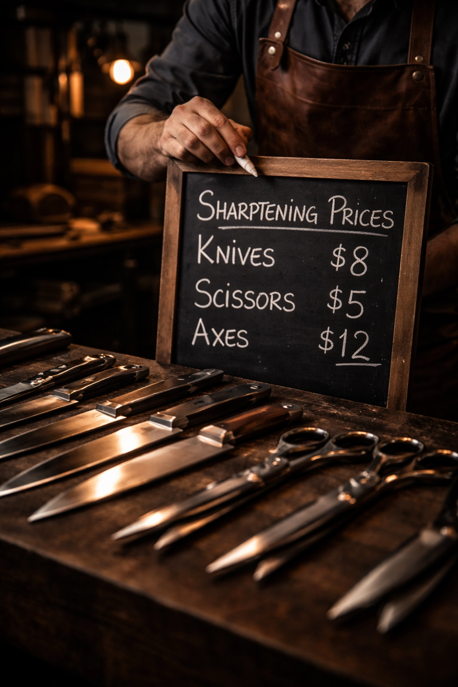 A craftsman updates a price board in a Brisbane tool sharpening workshop with sharpened knives and scissors on display.