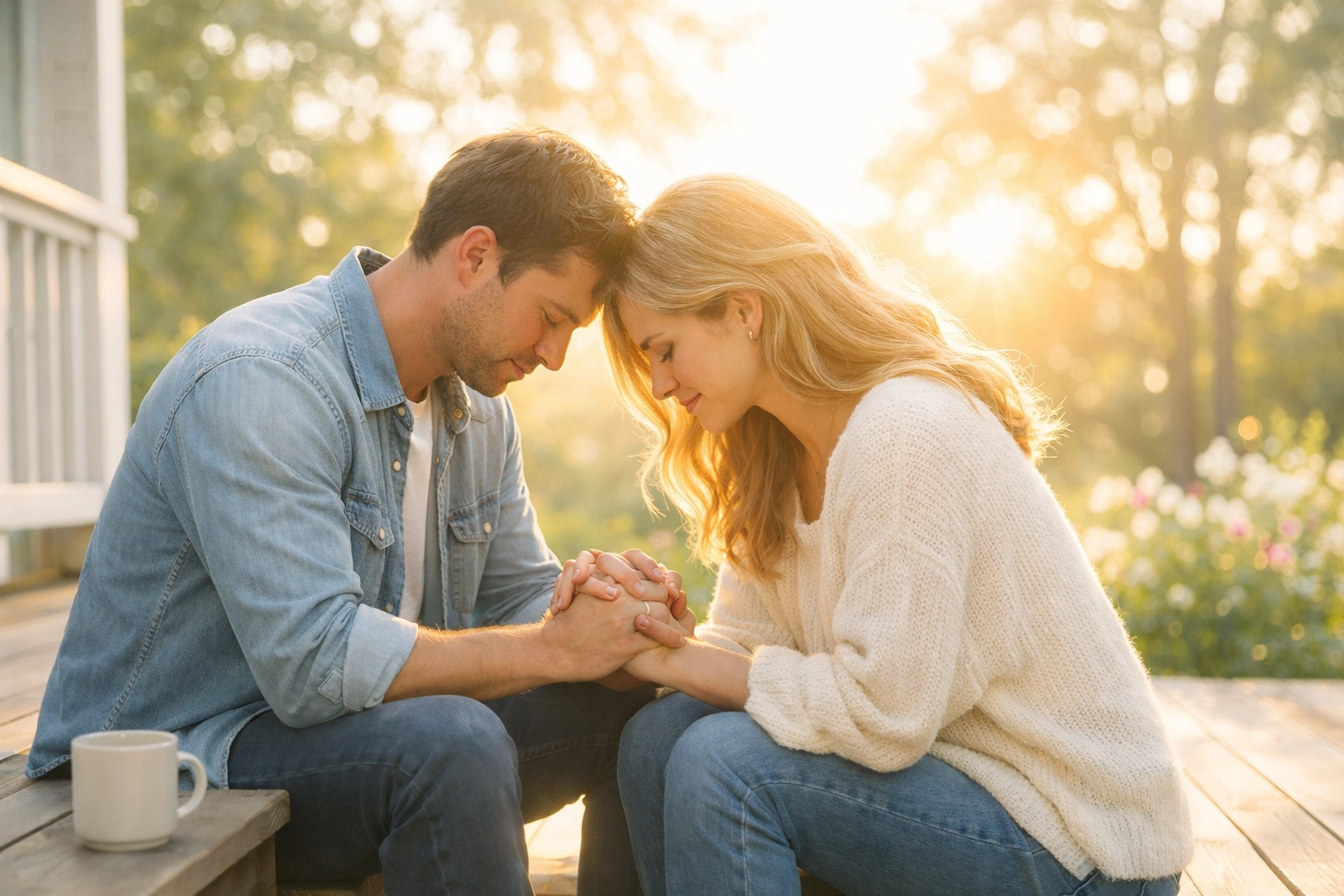 Husband and wife praying together at dawn, finding strength and peace through the power of prayer.