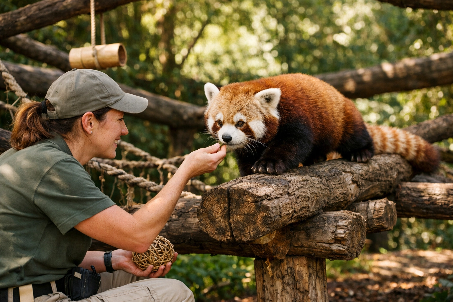 A zookeeper interacting with a red panda, representing transparent and real animal care imagery.