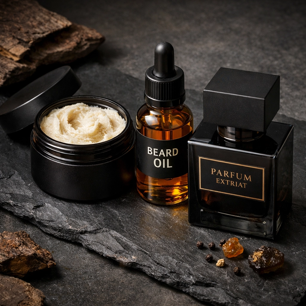 A premium men's grooming set featuring coordinated beard oil, beard butter, and parfum extrait.