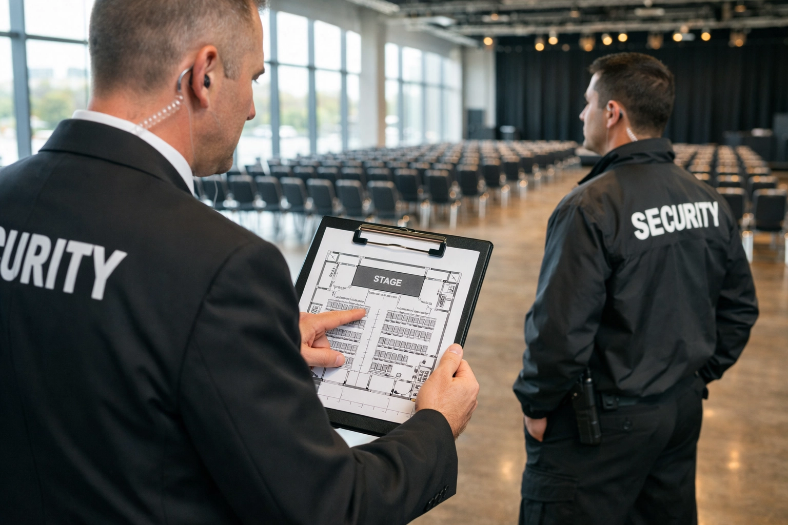 Security team conducting pre-event venue walkthrough and assessment with floor plans