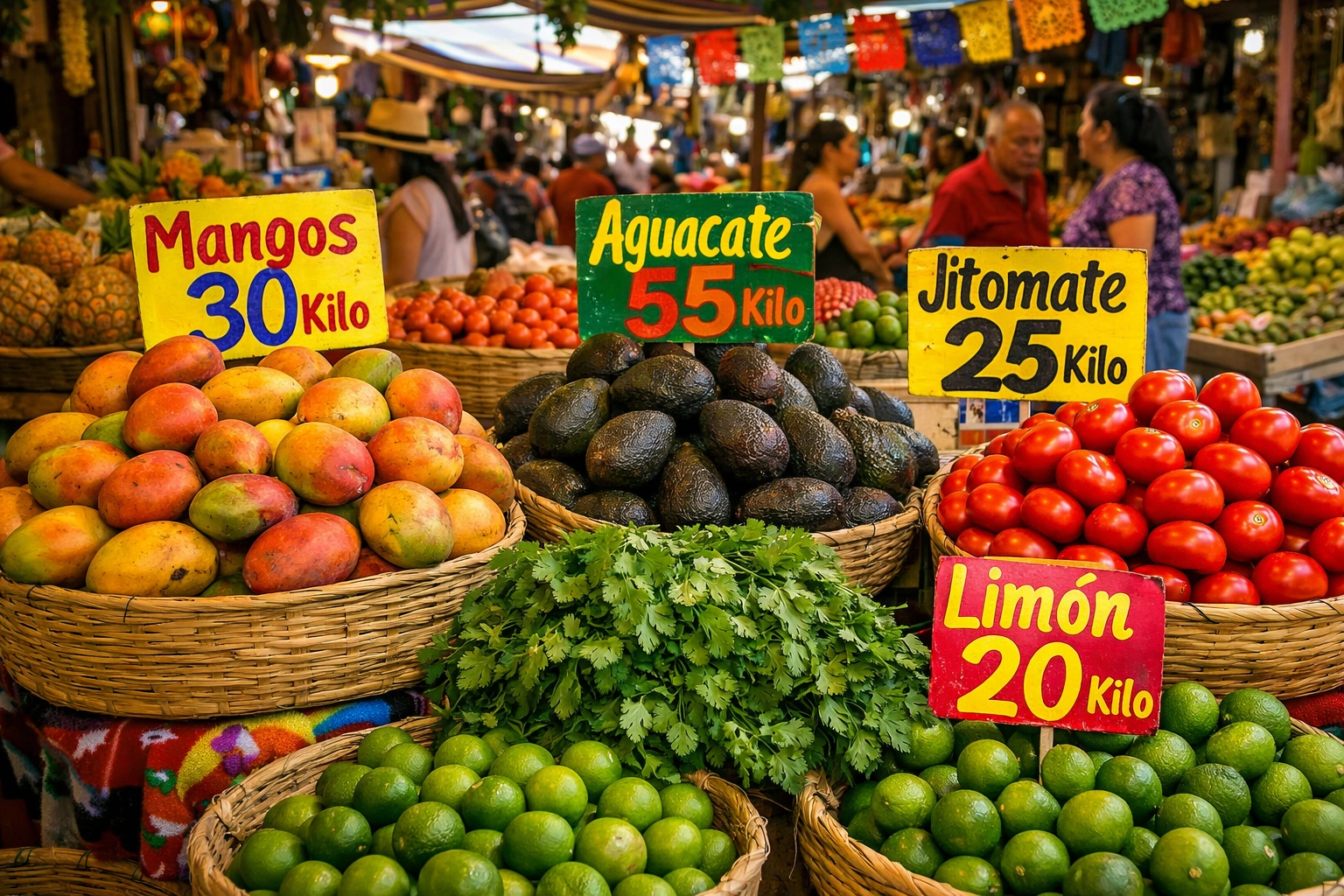 Fresh tropical produce at Puerto Vallarta local market with mangoes, avocados, and limes