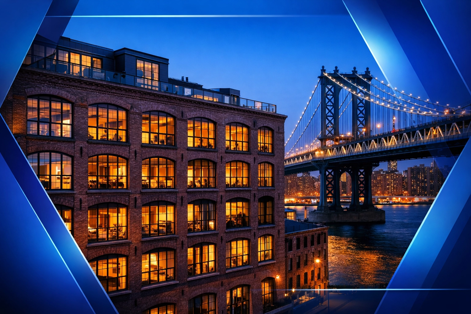 Converted industrial building in DUMBO with oversized windows, illuminated at dusk, alongside the Manhattan Bridge and waterfront skyline.