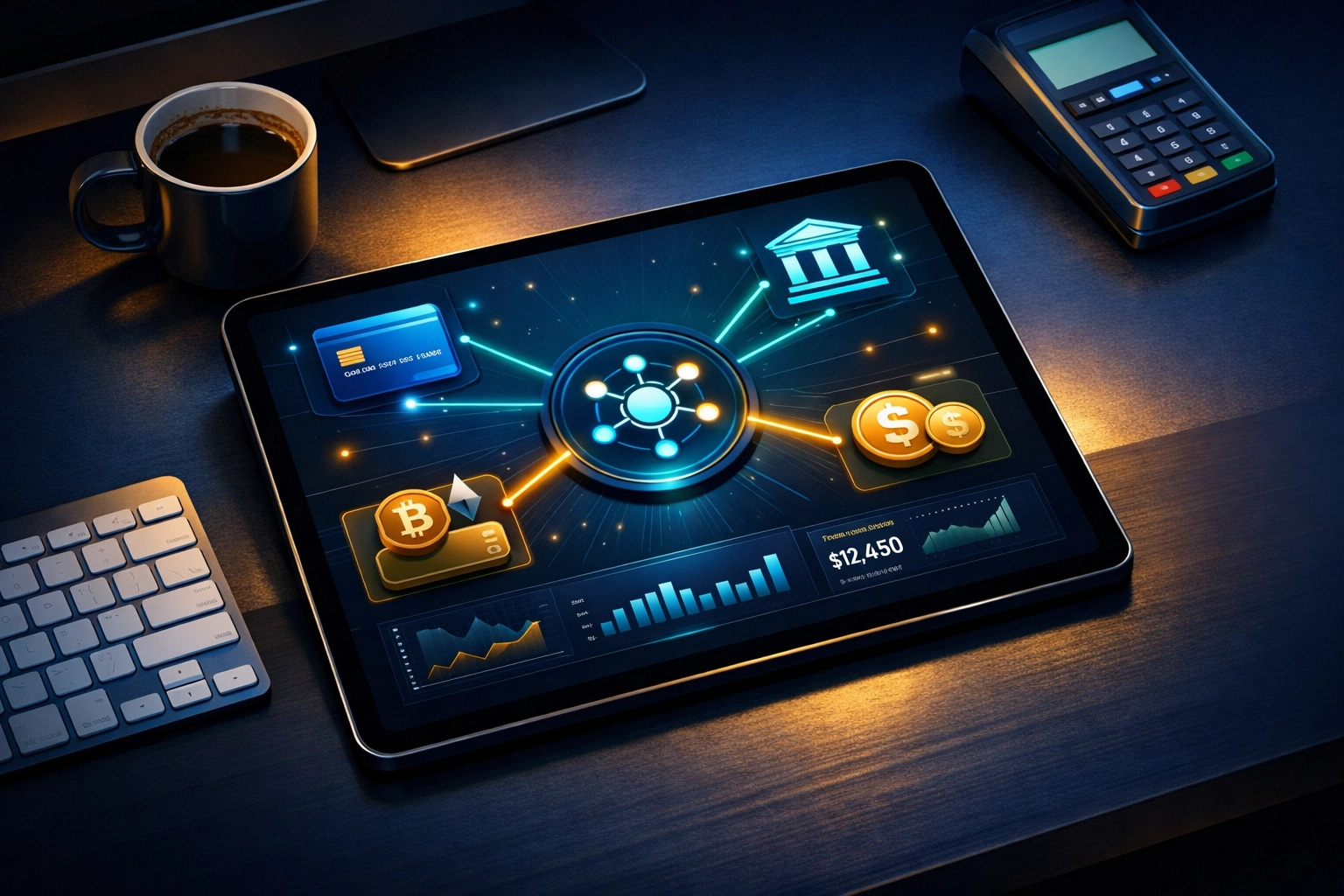 Payment orchestration dashboard managing cards, crypto wallets, and stablecoins