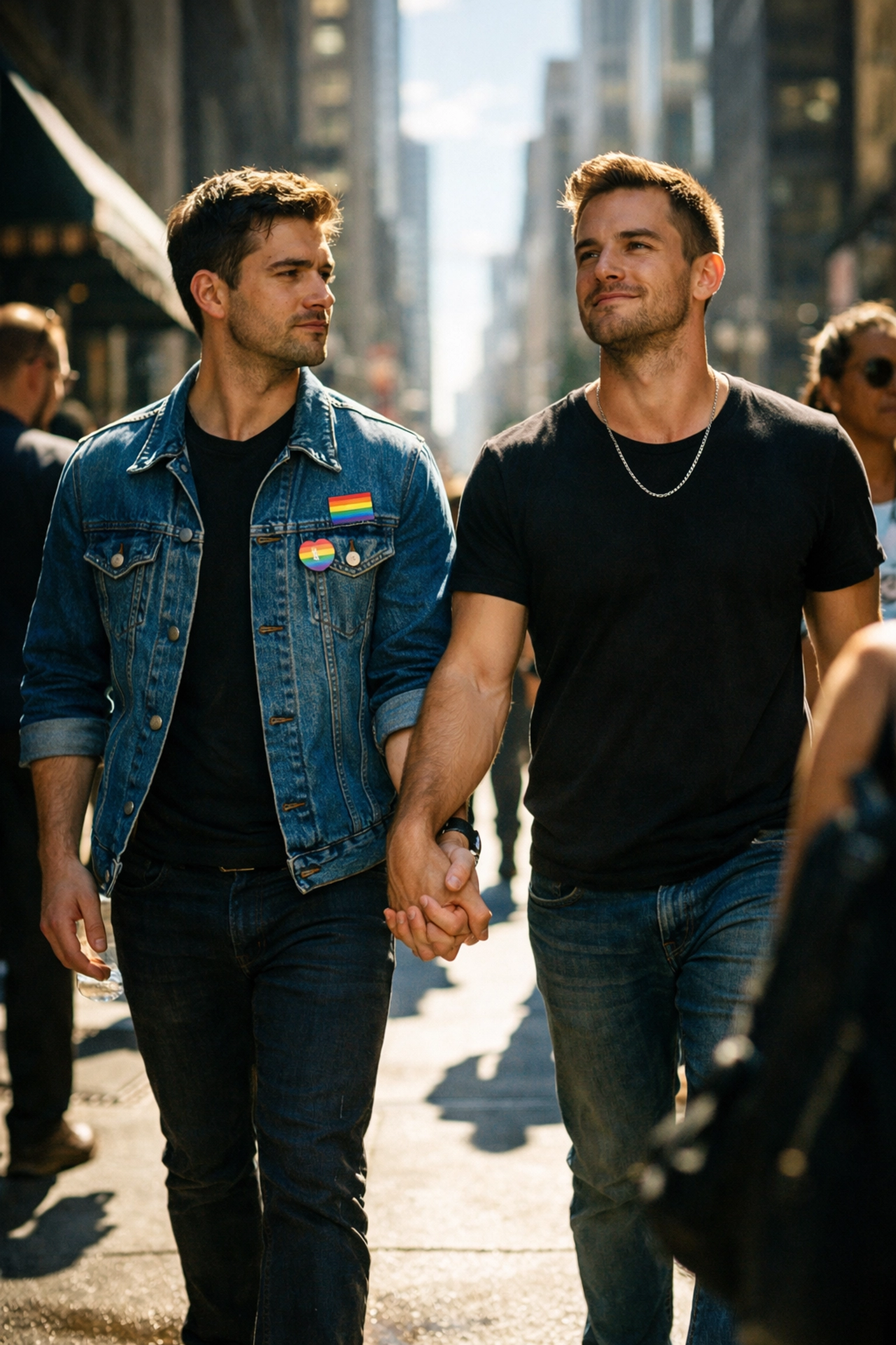 A gay couple holding hands in a city, showing the courage of public visibility and living authentically in 2026.