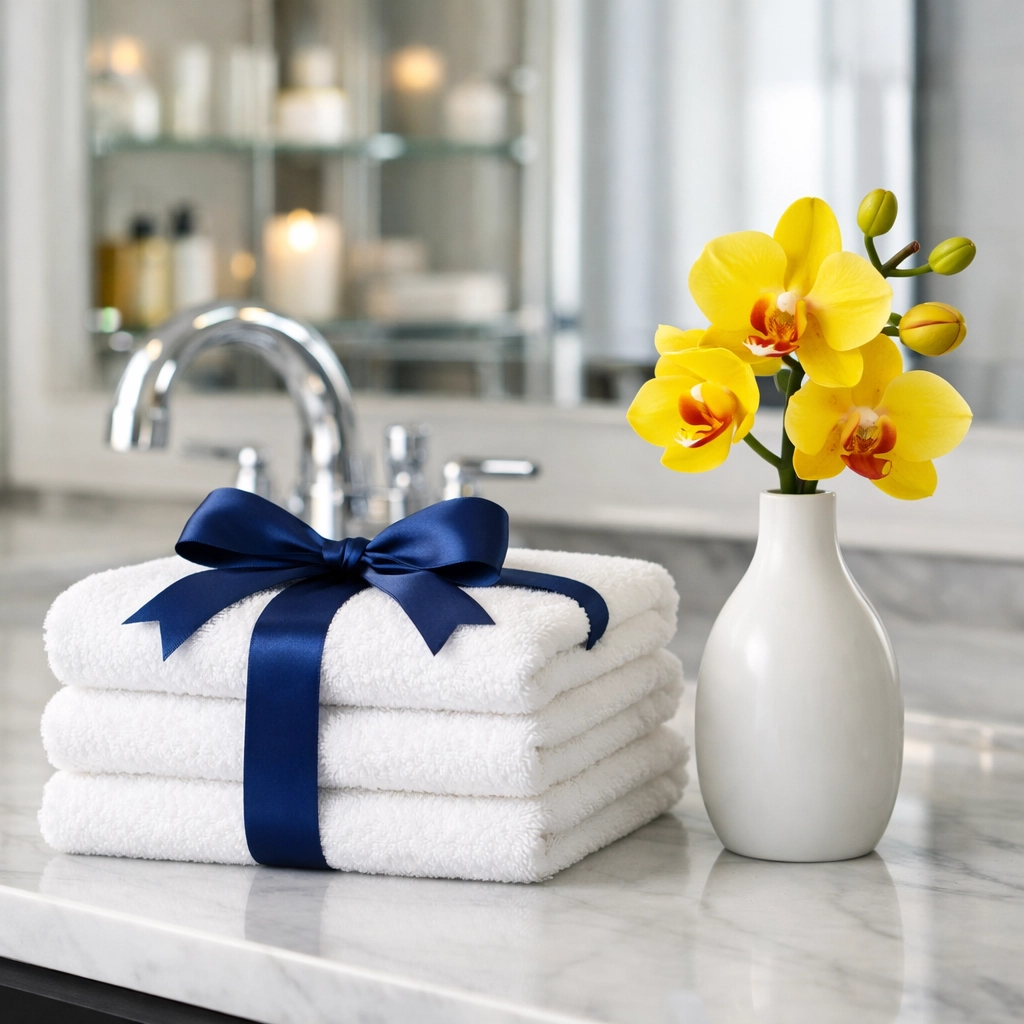 Freshly cleaned bathroom vanity and organized towels by professional cleaners in Leominster MA.