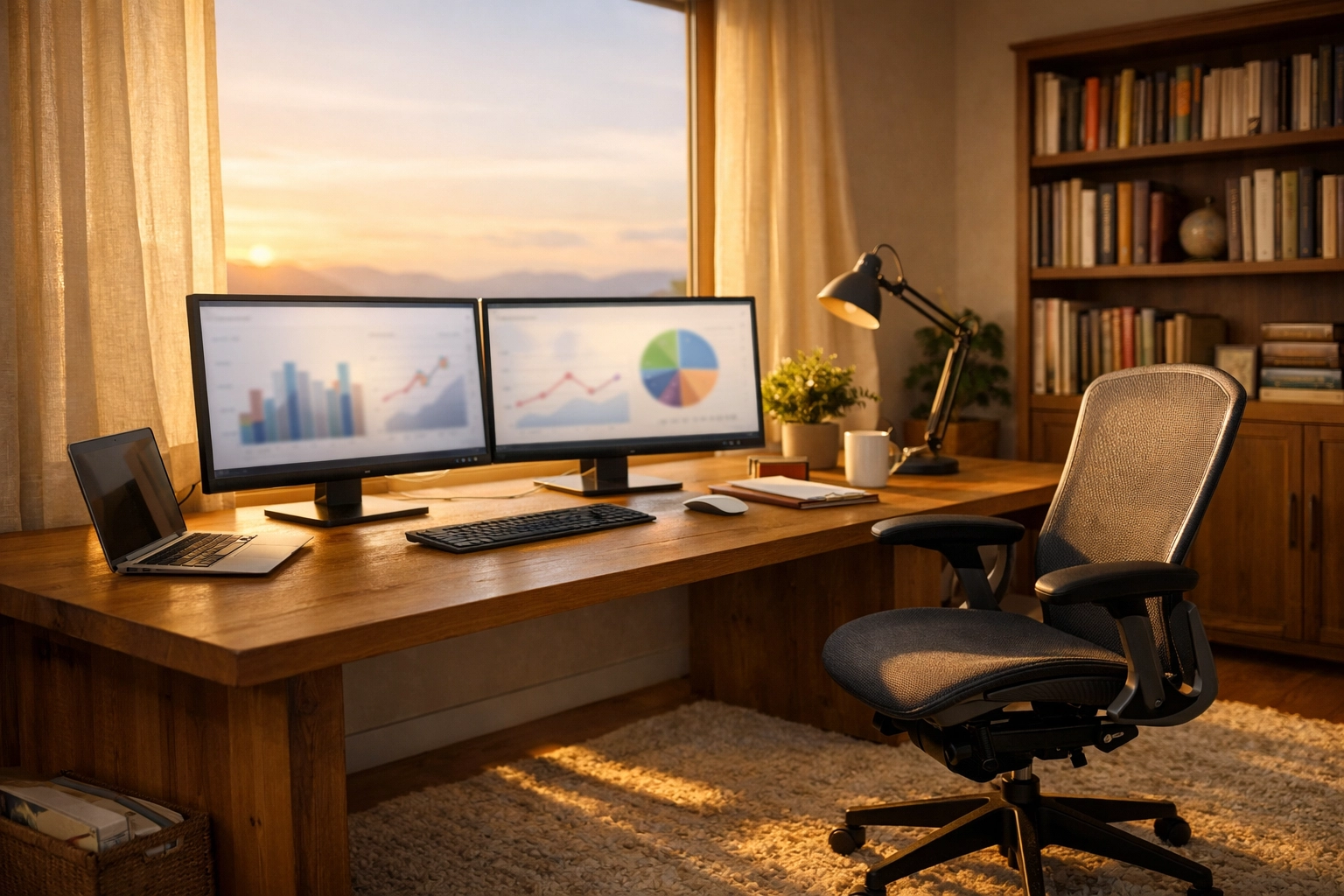 Bright remote home office setup illustrating the strategic big picture and business growth.