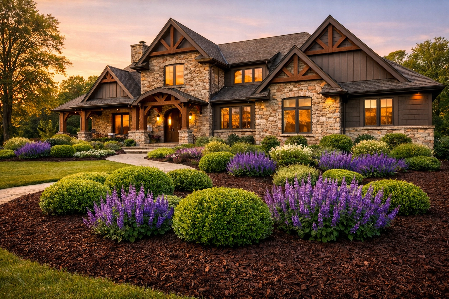 Beautiful Clarkston home featuring chocolate brown mulch and vibrant perennials for maximum curb appeal.