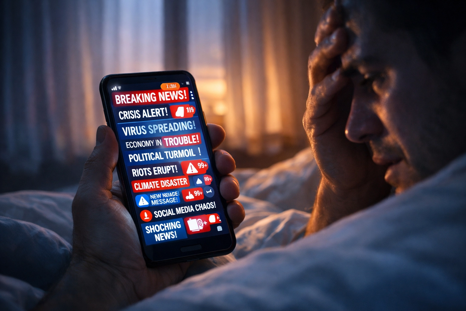 Person anxiously doomscrolling news on smartphone in bed at dawn