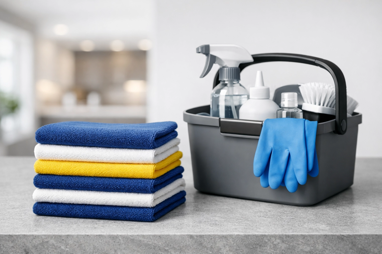 Neatly folded blue, white, and yellow microfiber cloths for professional weekly house cleaning in Wellesley MA.