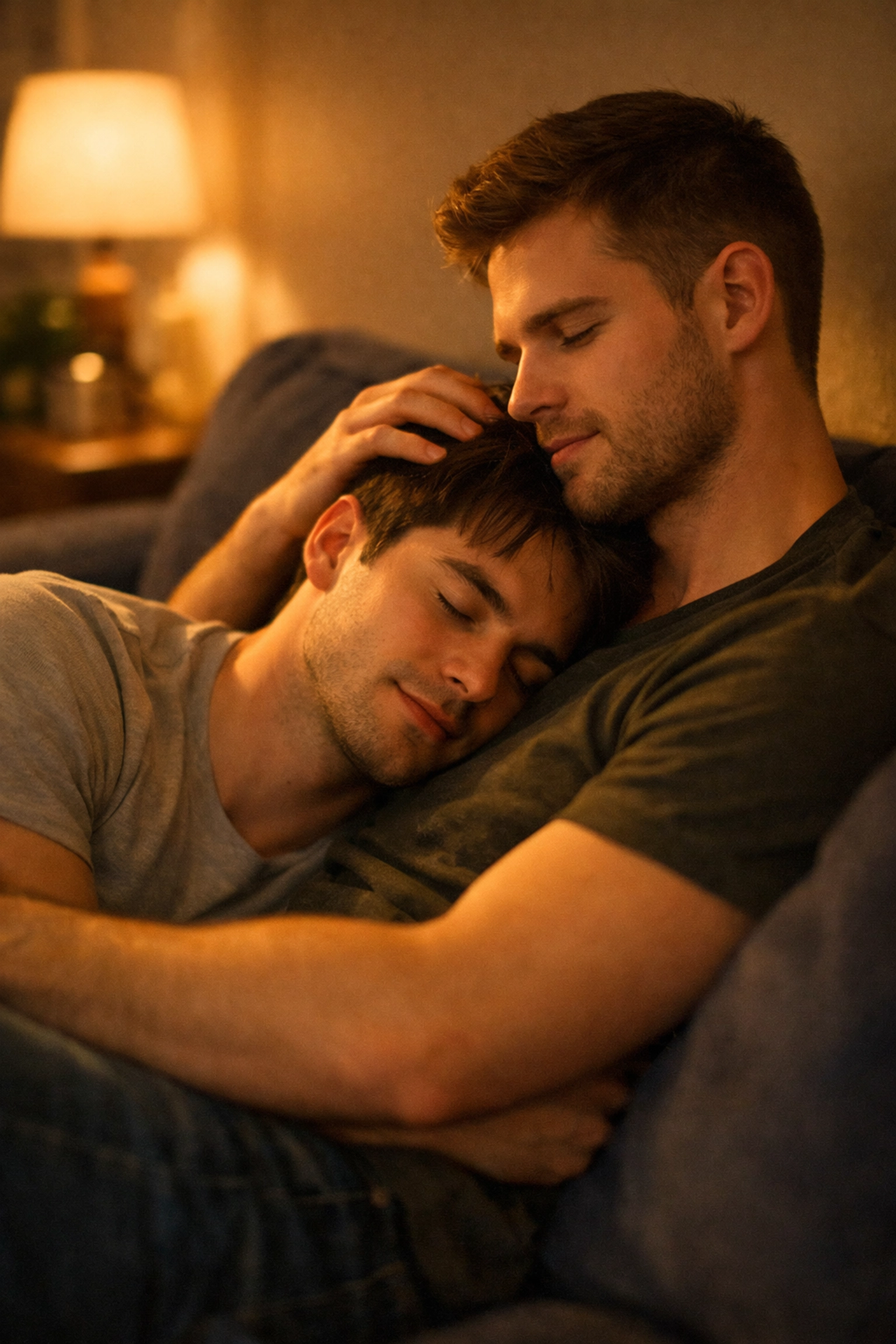 Two men cuddling on a cozy sofa, highlighting the quiet intimacy and emotional depth of soft MM romance books.