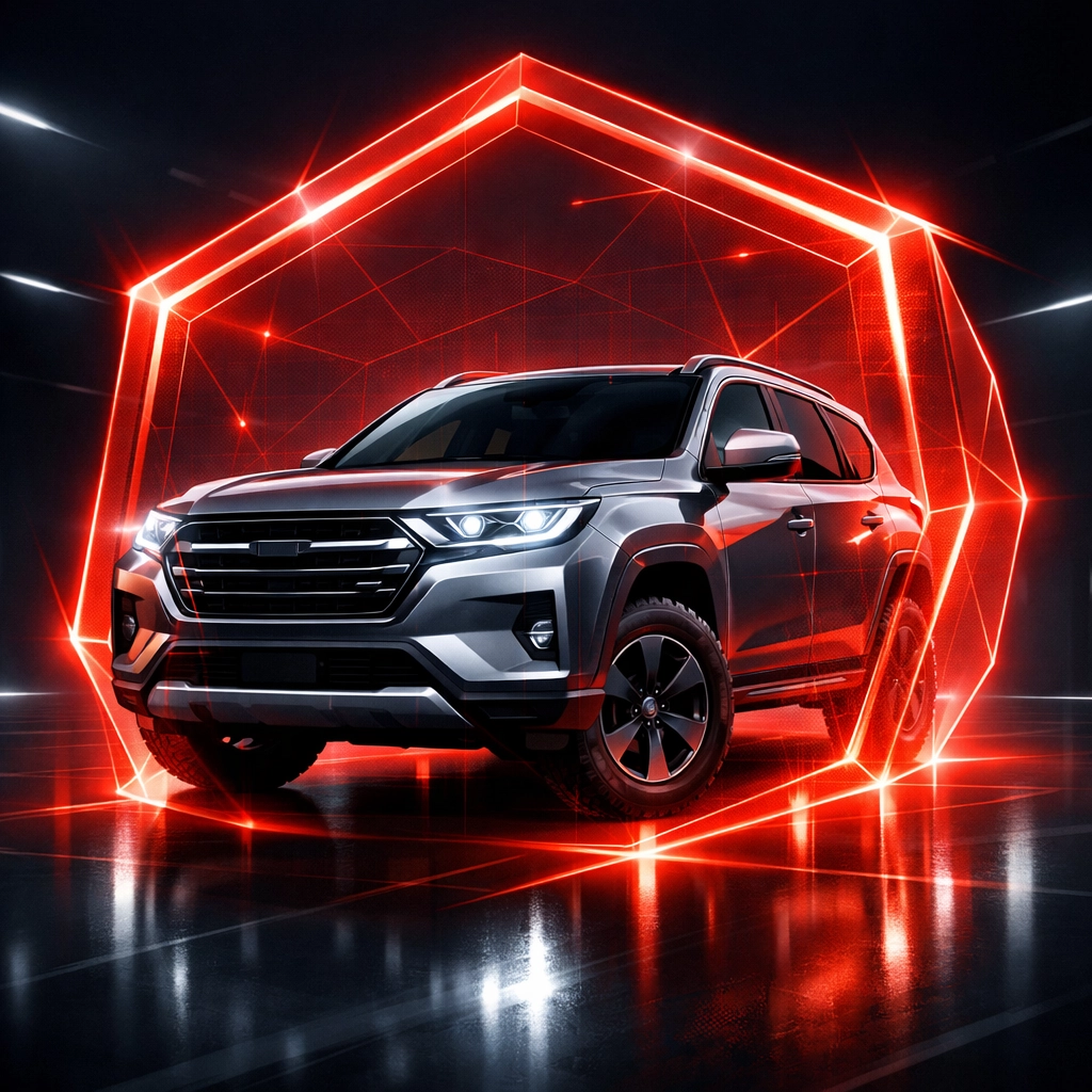 Modern SUV protected by a digital shield representing secure, data-driven vehicle recall management.