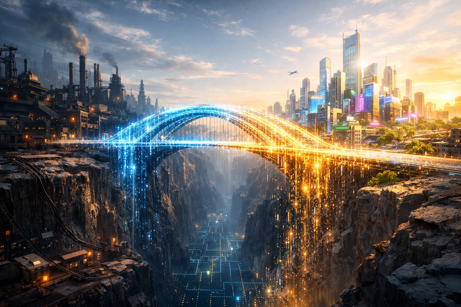 A glowing digital bridge representing small businesses overcoming the 90-day cash gap with non-bank funding.