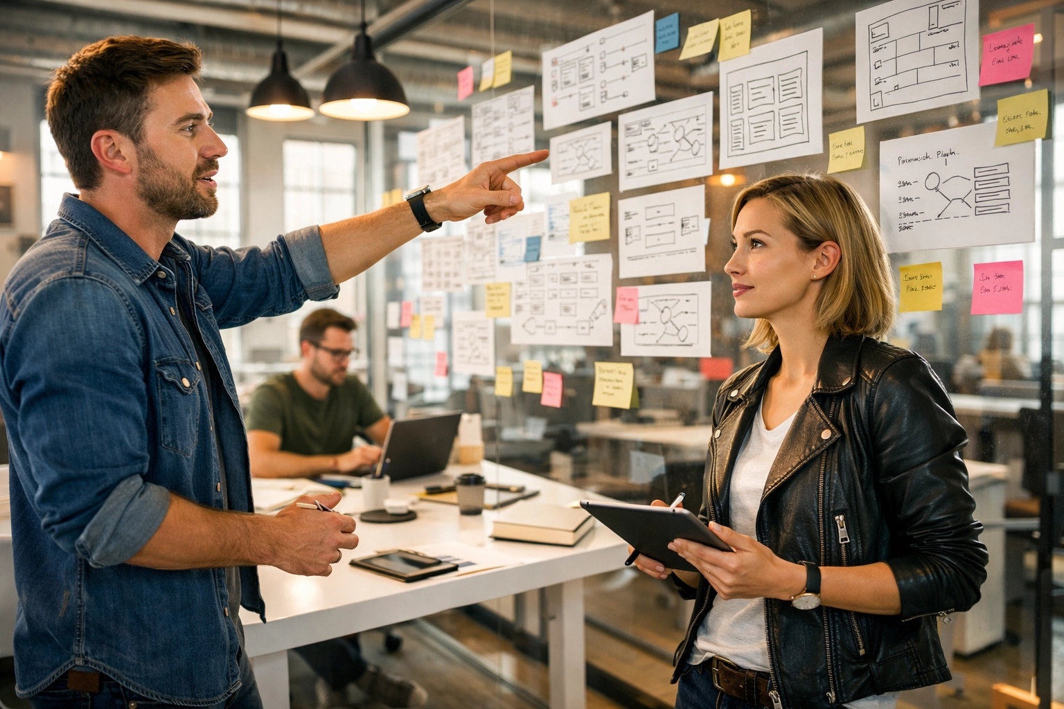 Agile marketing team collaborating on a strategic growth plan in a modern creative workspace.