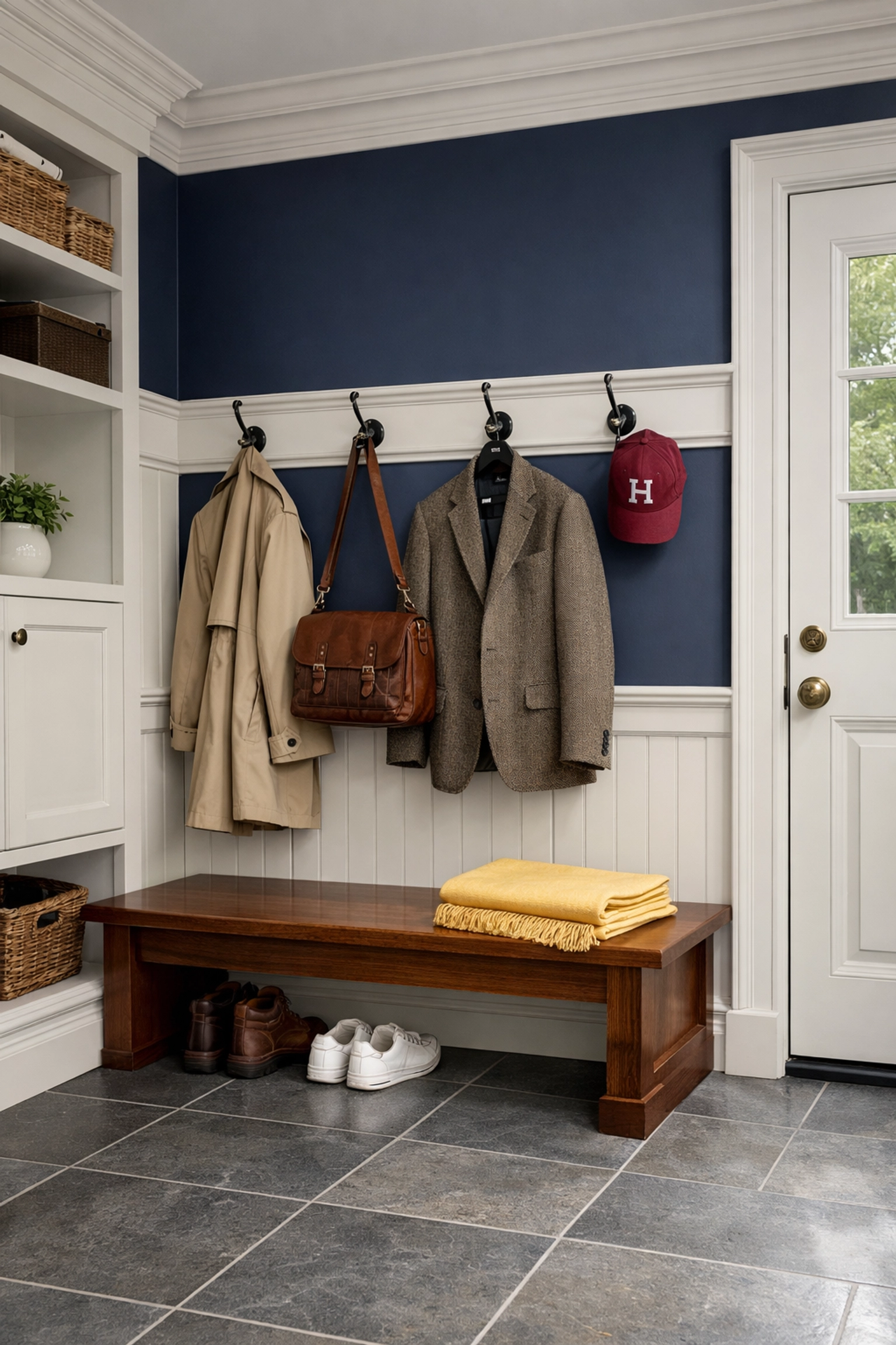 Impeccably clean luxury entryway with slate tile floors from weekly house cleaning Harvard MA.