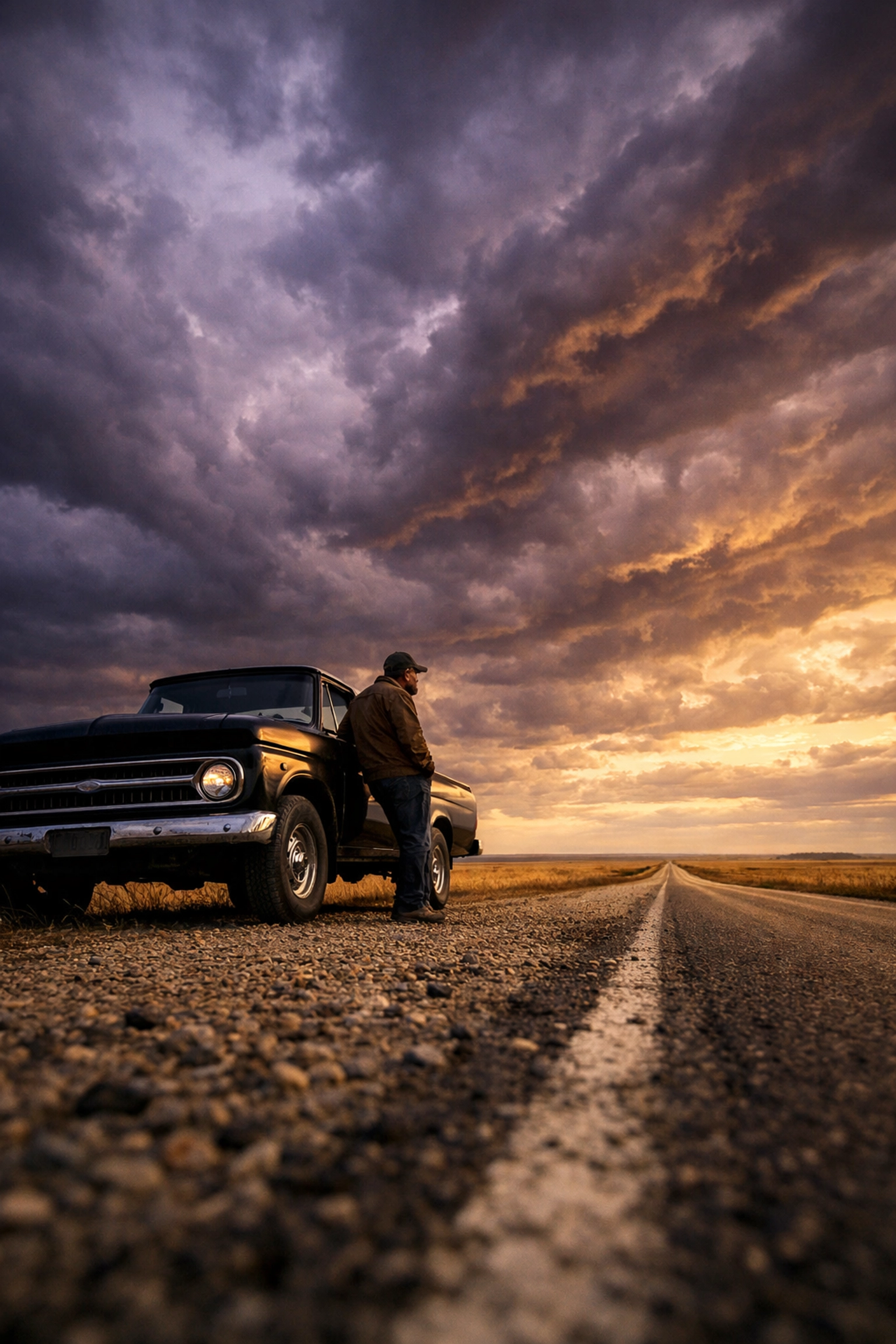 A resilient individual with a truck on a Prairie highway, symbolizing personal responsibility.