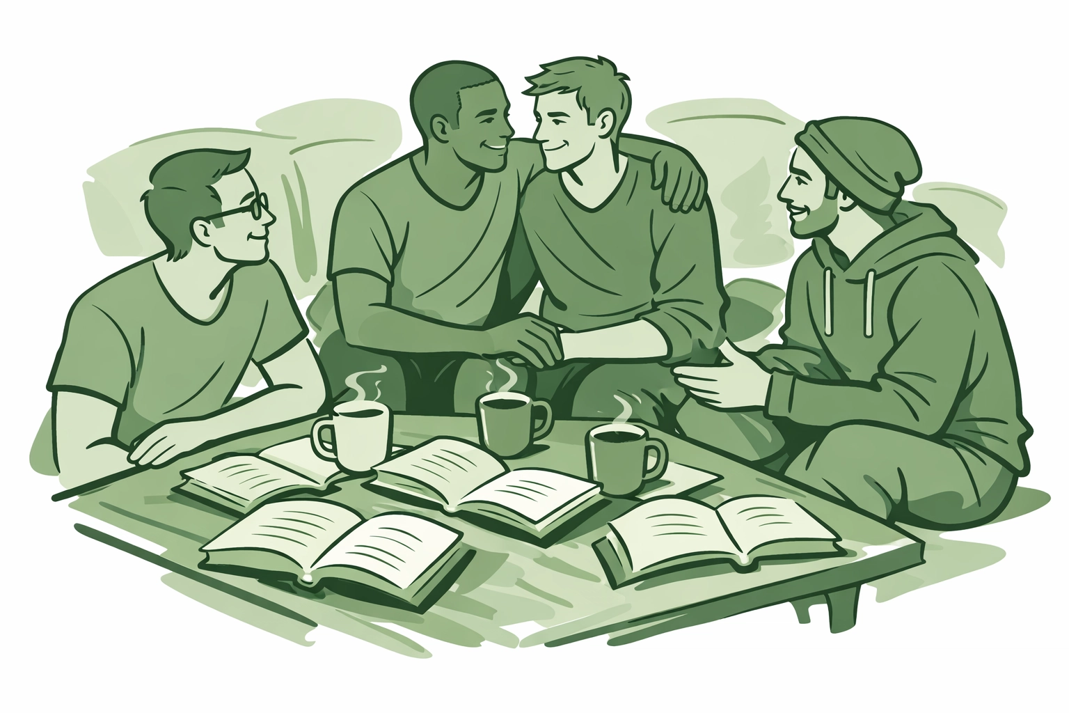 A diverse group of men sharing a moment of community and books, depicting a chosen family in LGBTQ+ fiction.