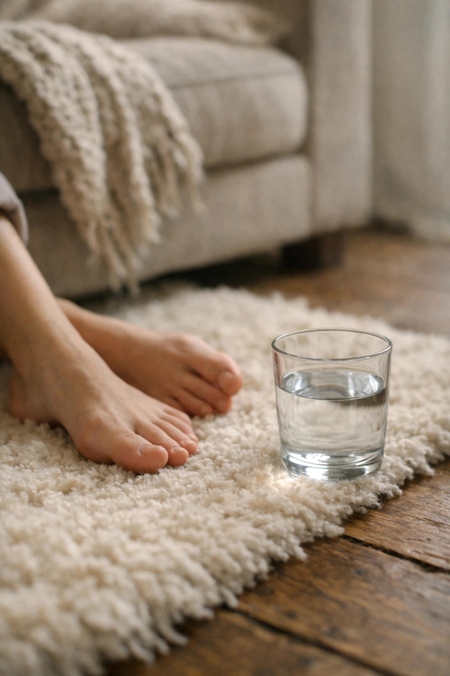 Bare feet on a soft rug next to a glass of water, highlighting postpartum self-care and hydration at home.