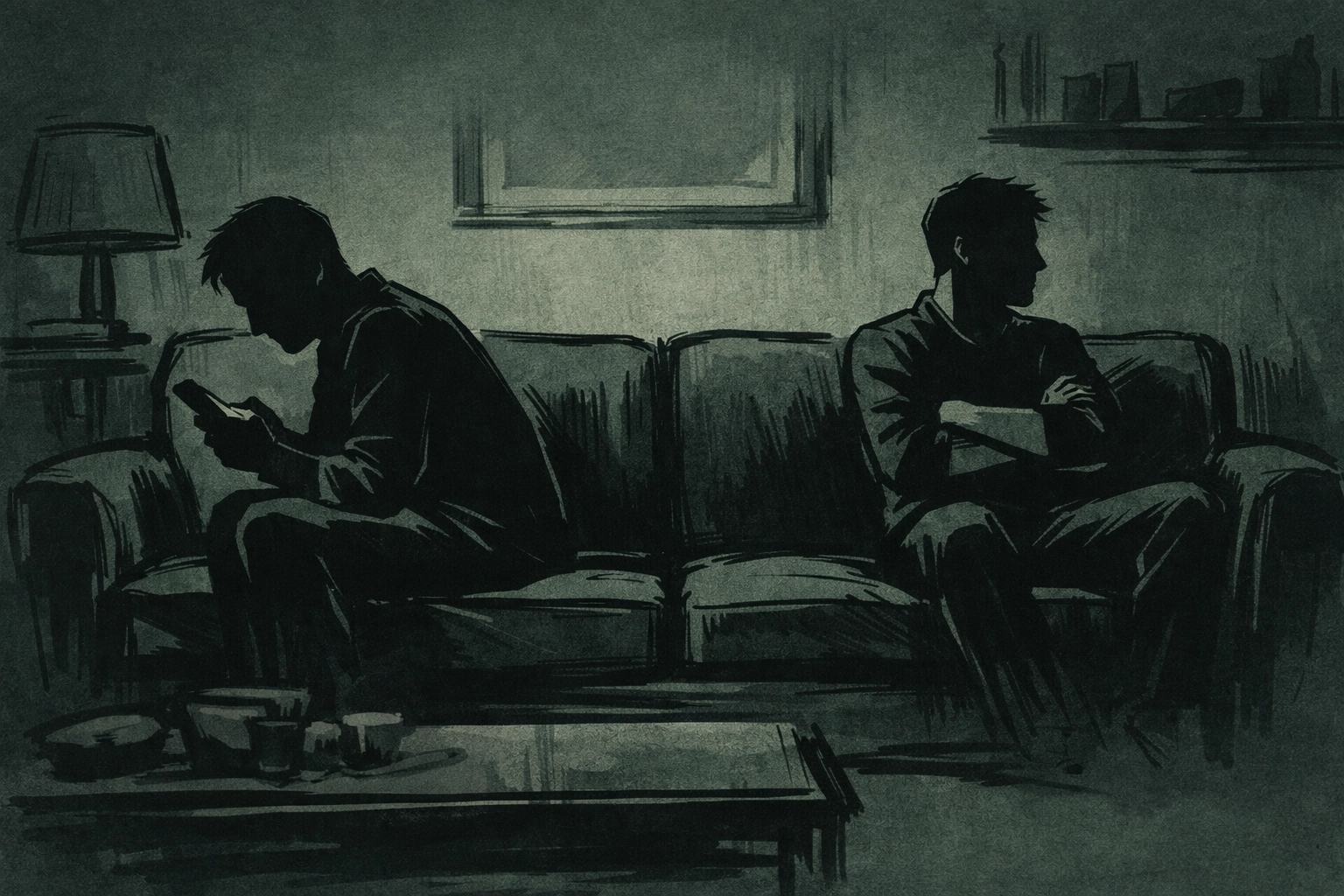 Two men on couch showing toxic jealousy and emotional distance in MM marriage