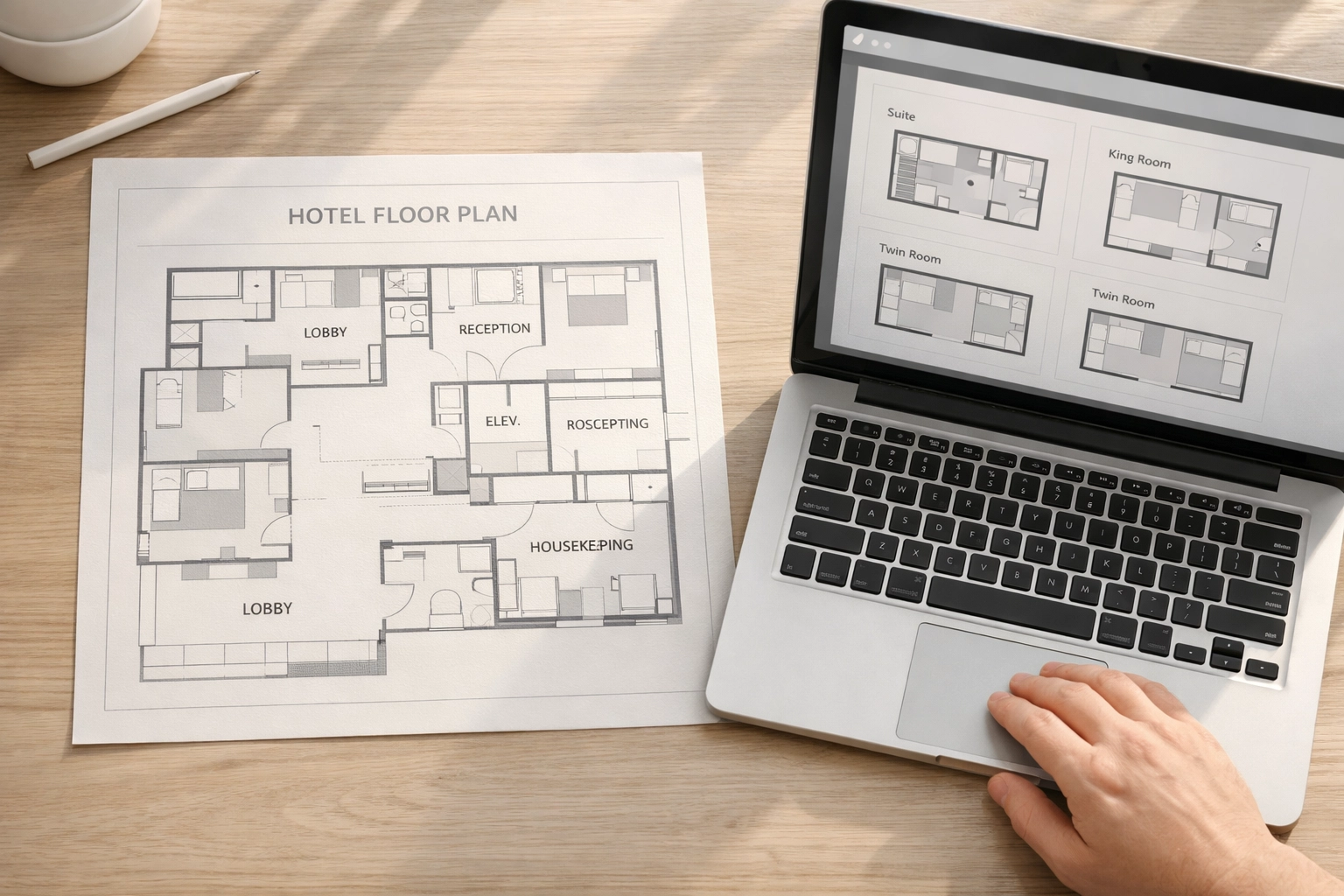 Hotel floor plan and laptop showing automated room assignment system