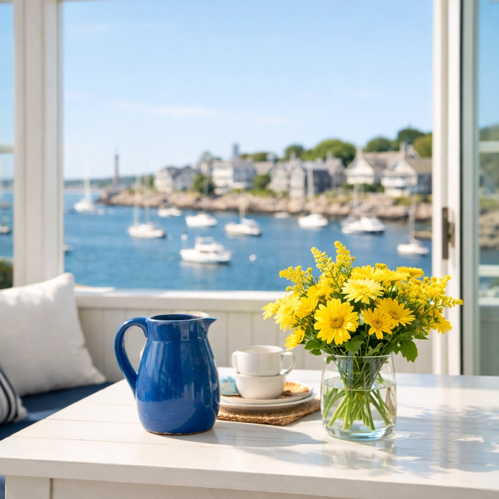 Spotless sunroom with ocean views maintained by expert luxury cleaning in Marblehead.