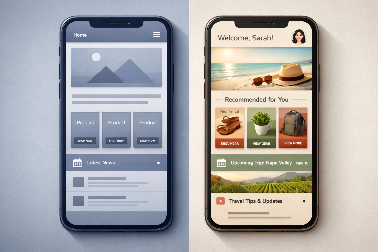 Side-by-side mobile phones showing personalized web design versus generic layout