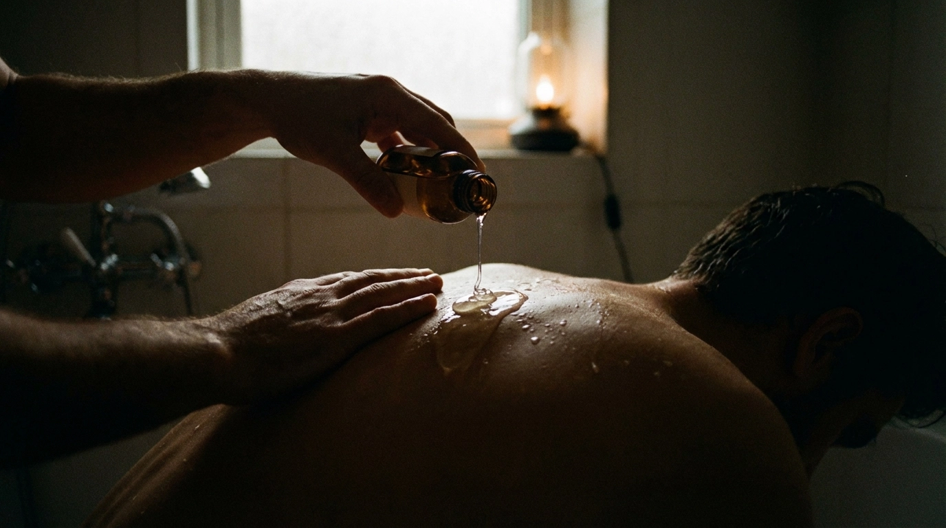 Hands pouring warm nuru gel onto bare skin in a low-lit, private setting—wet shine, zero spa vibes