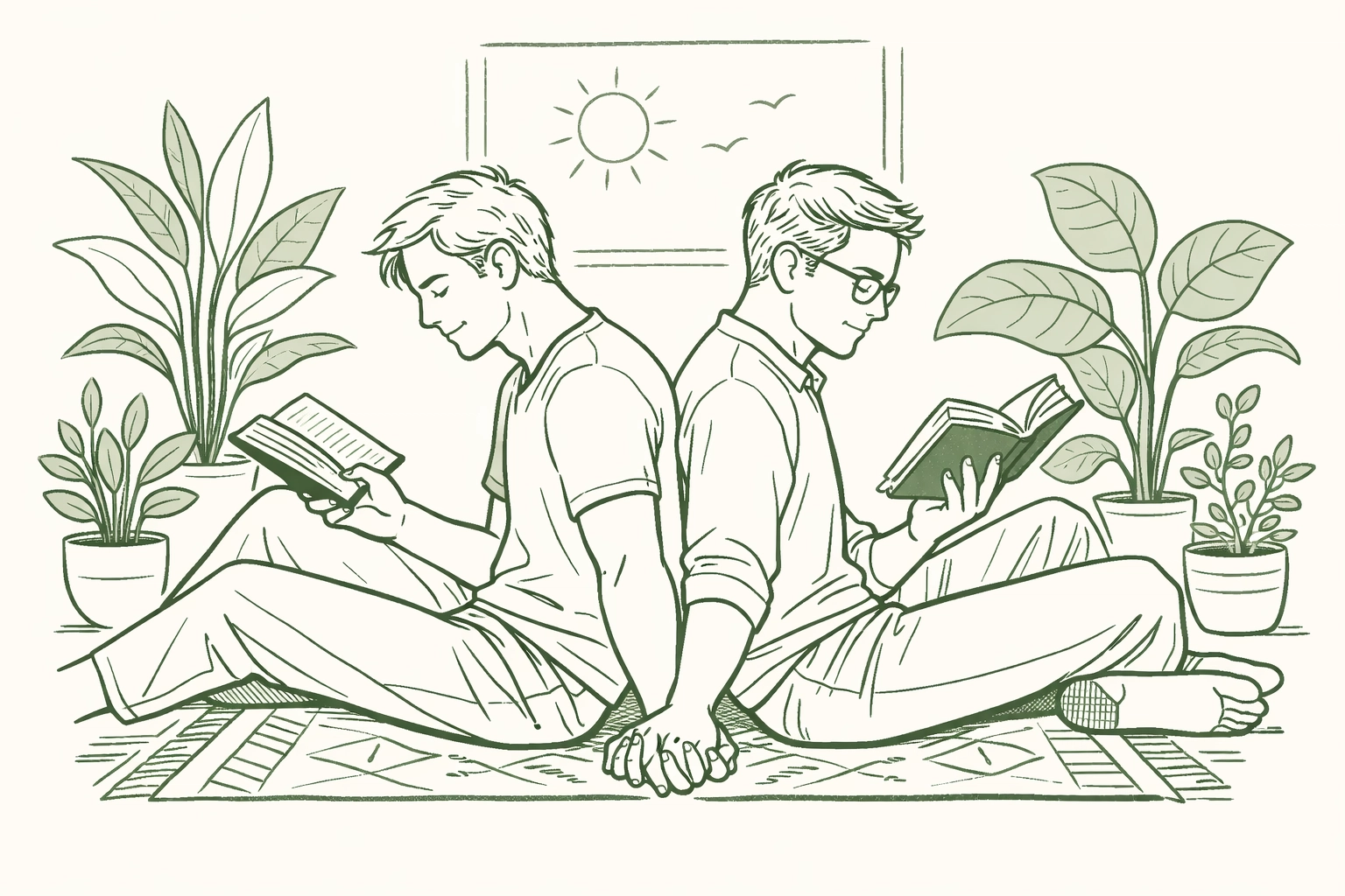 Two men reading LGBTQ+ fiction together, depicting the emotional power of modern queer literature.