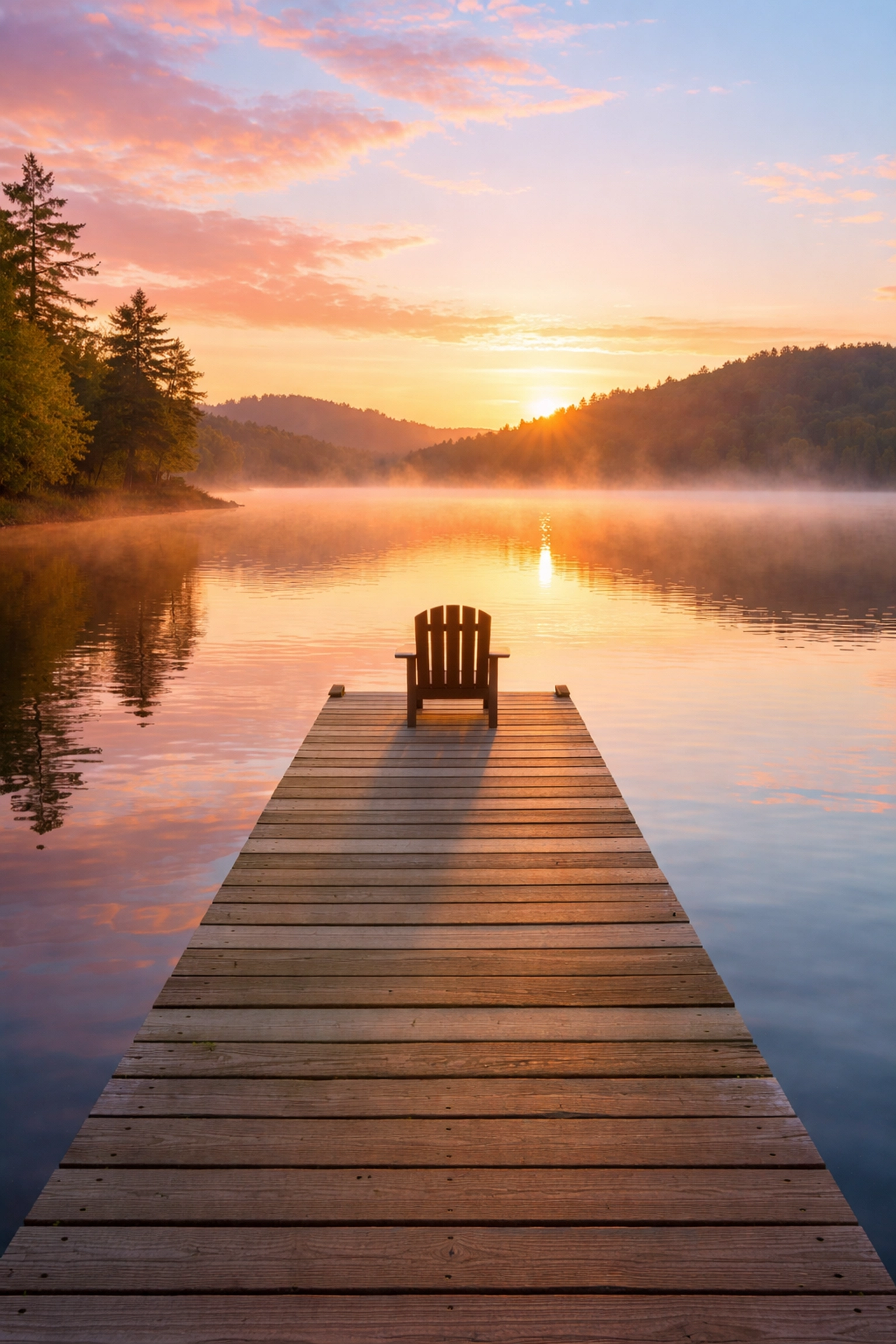 A tranquil North Georgia lake at sunrise with a lone dock chair illustrates peaceful reflection before making real estate choices.