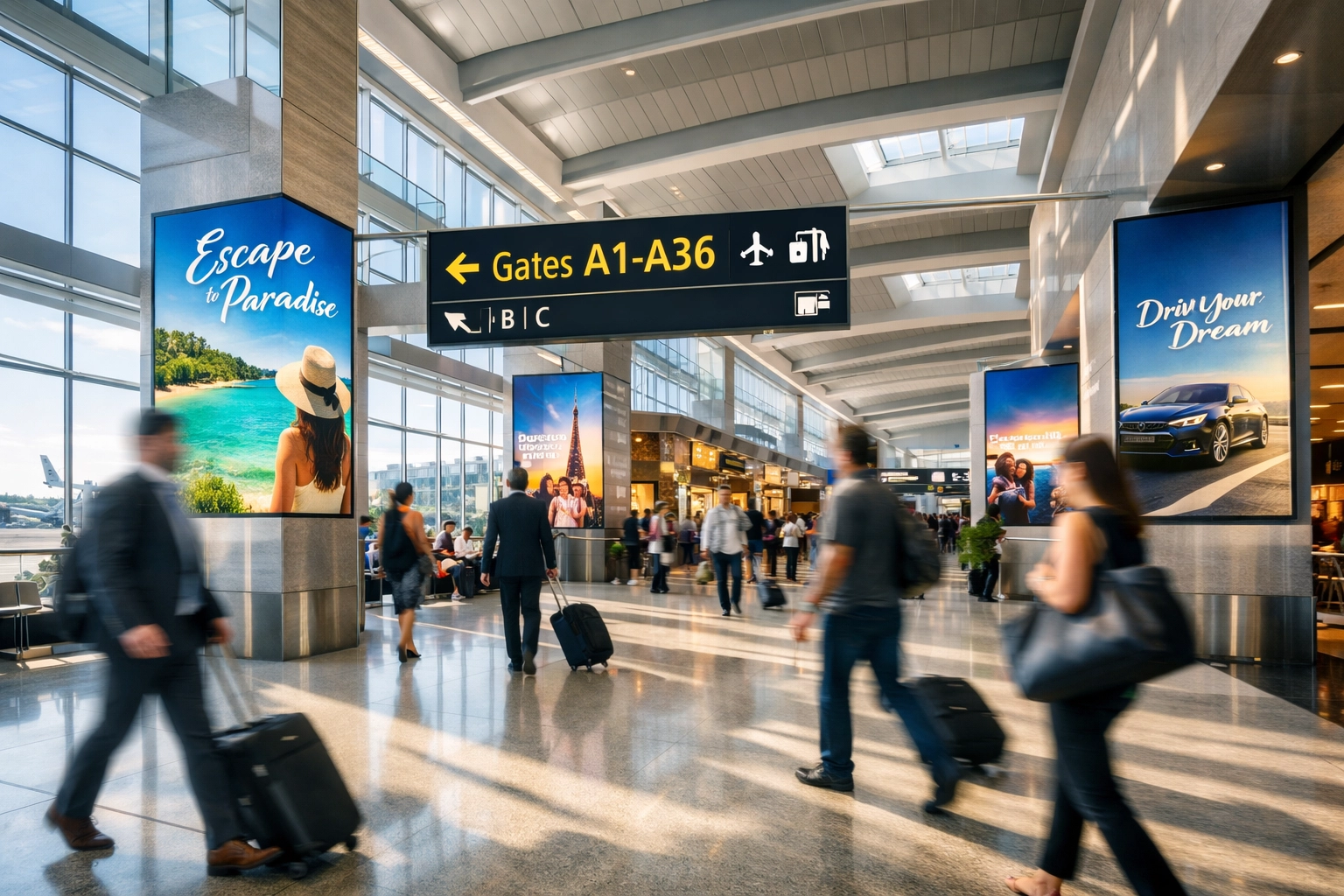 Modern airport terminal featuring digital advertising displays in a high-impact strategic zone.