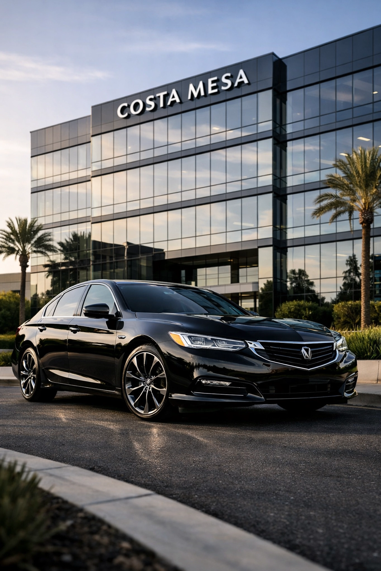 Luxury car service Orange County black sedan parked at a modern Costa Mesa corporate office building.