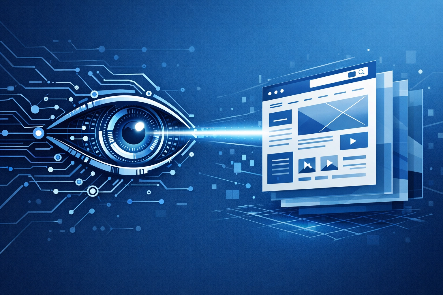 Digital eye scanning a website wireframe to show how AI engines analyze site structure and generative search SEO.
