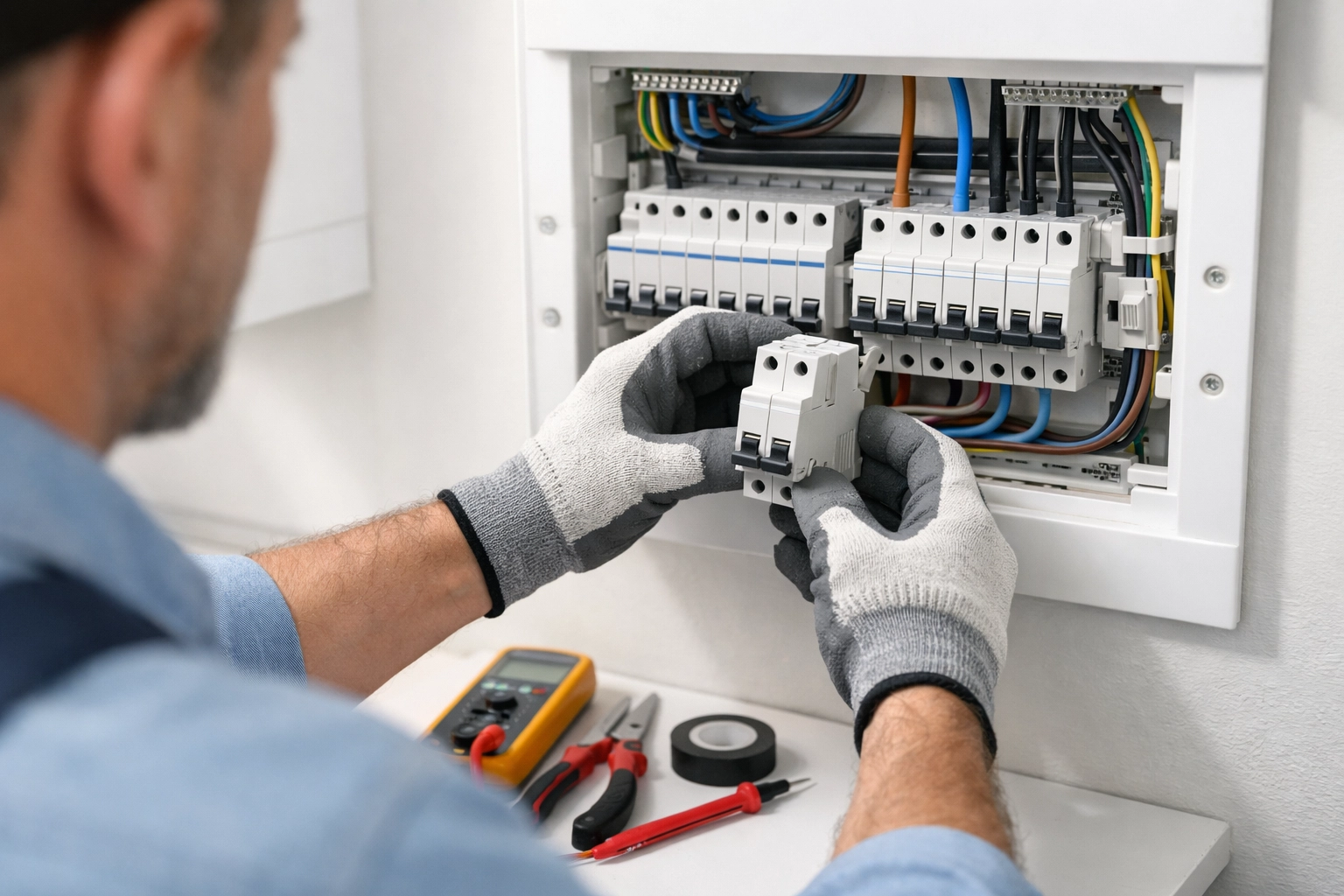 Licensed electrician installing circuit breaker in Southern Maine home