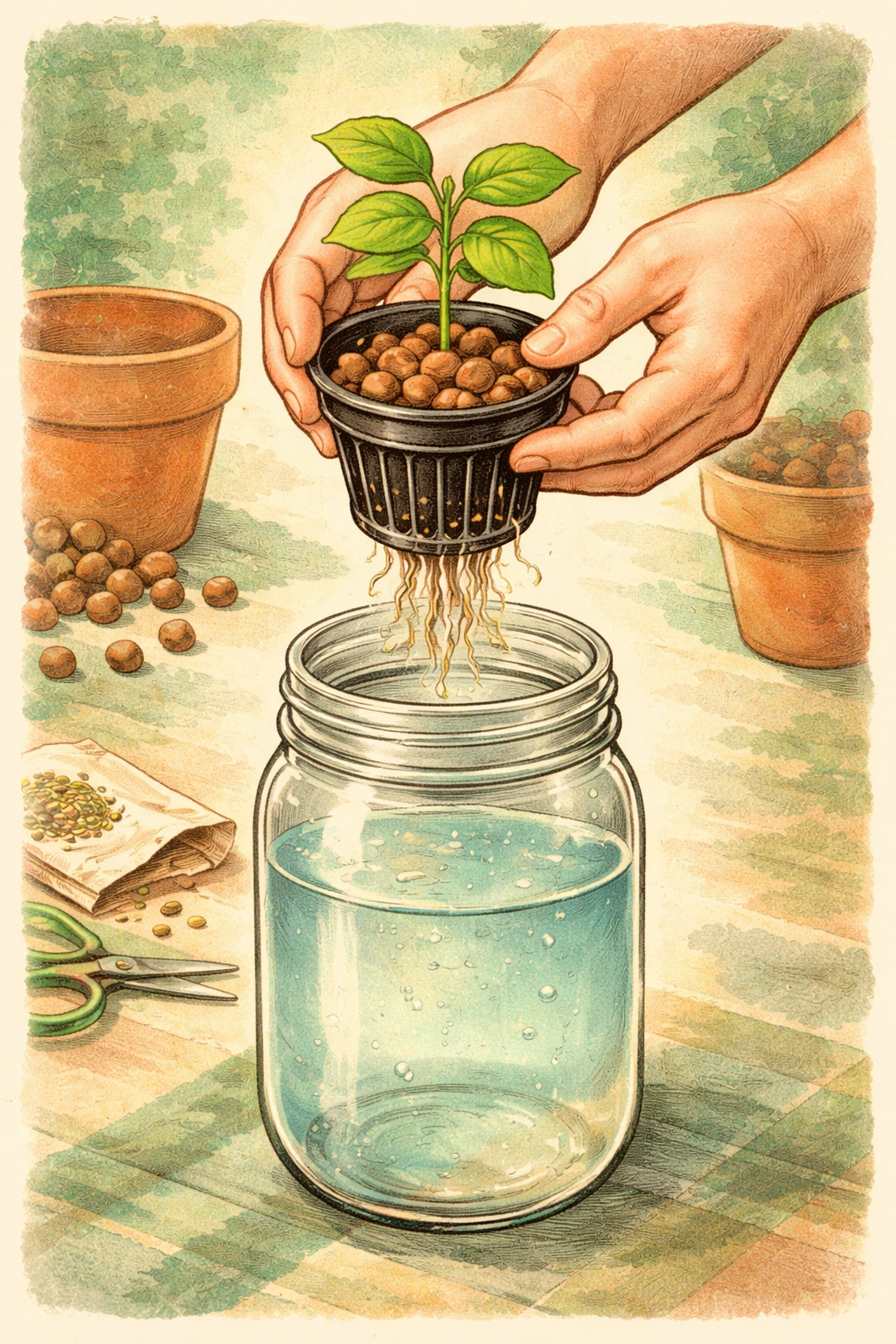 Hands placing a seedling into a net cup above a mason jar with nutrient water, demonstrating Kratky Method setup steps.