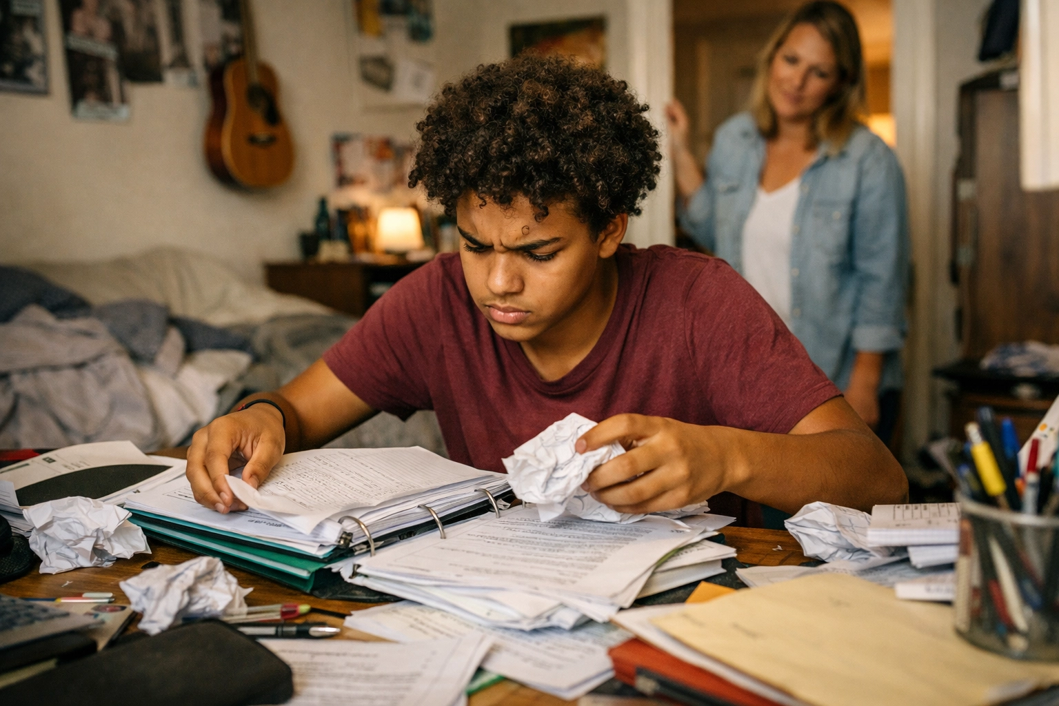 A teen searching for missing homework at a messy desk while a parent offers gentle support