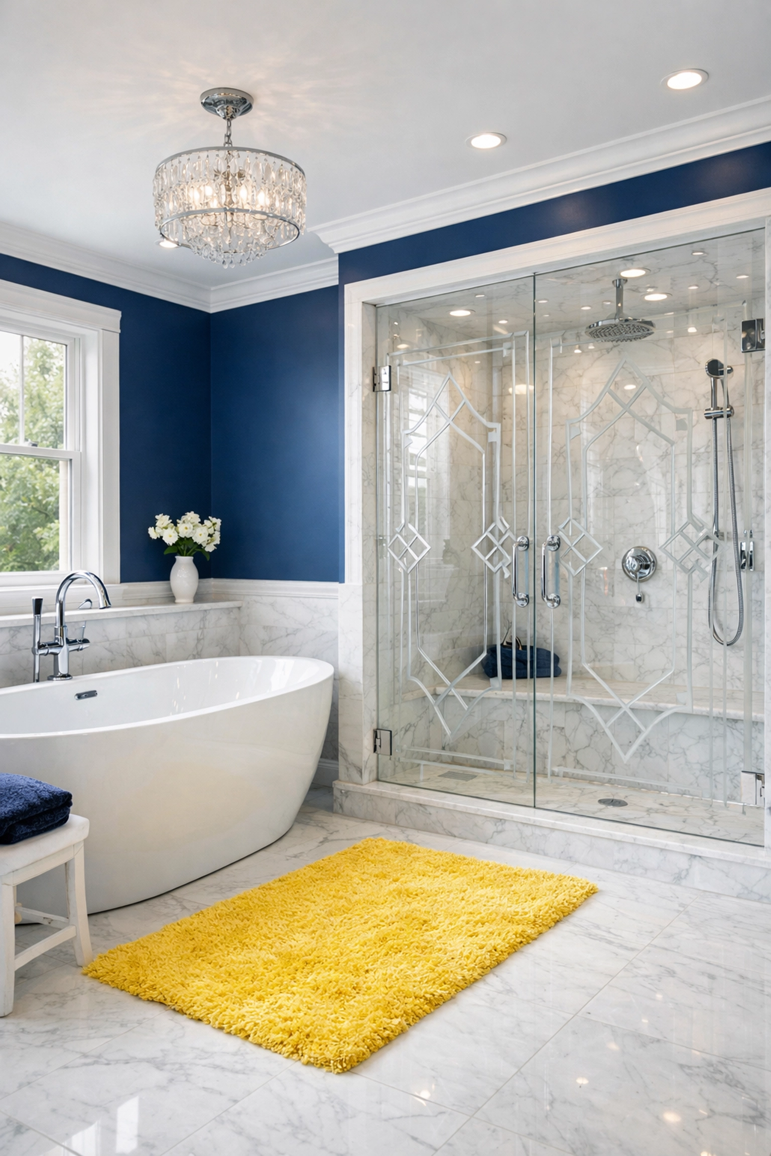 Sanitized master bathroom in a Lancaster MA home with white marble tiles and a freestanding tub.
