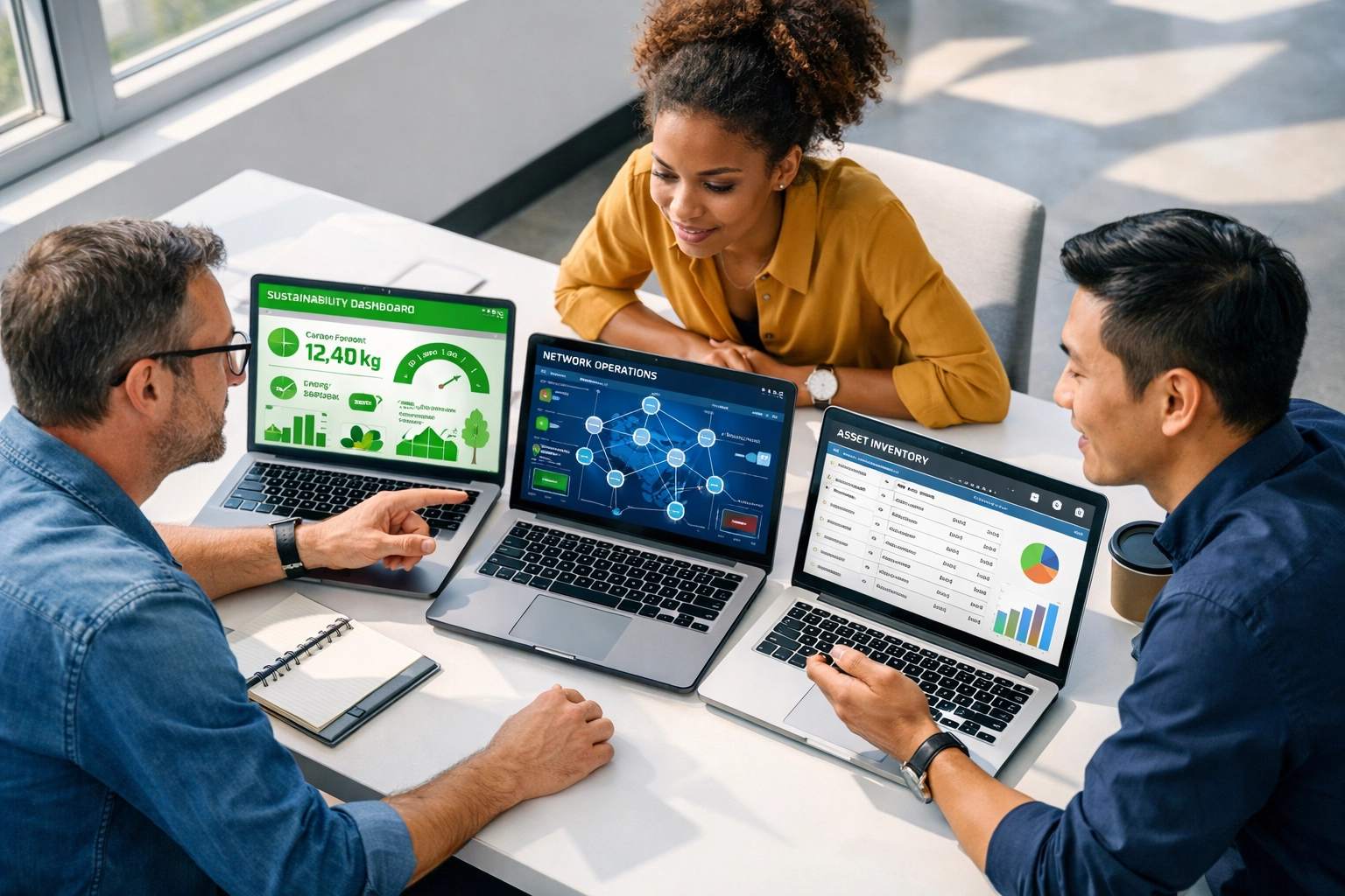 ServiceNow consulting team reviewing ITOM and ITAM dashboards with ESG sustainability metrics
