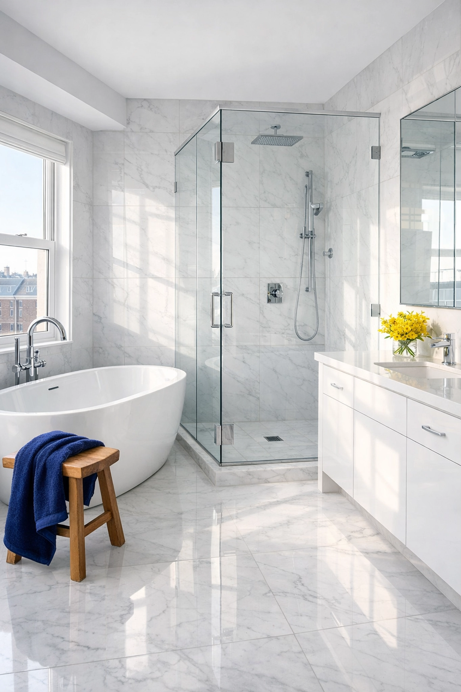Spotless marble bathroom in a Boston home after a professional move-in deep cleaning service.