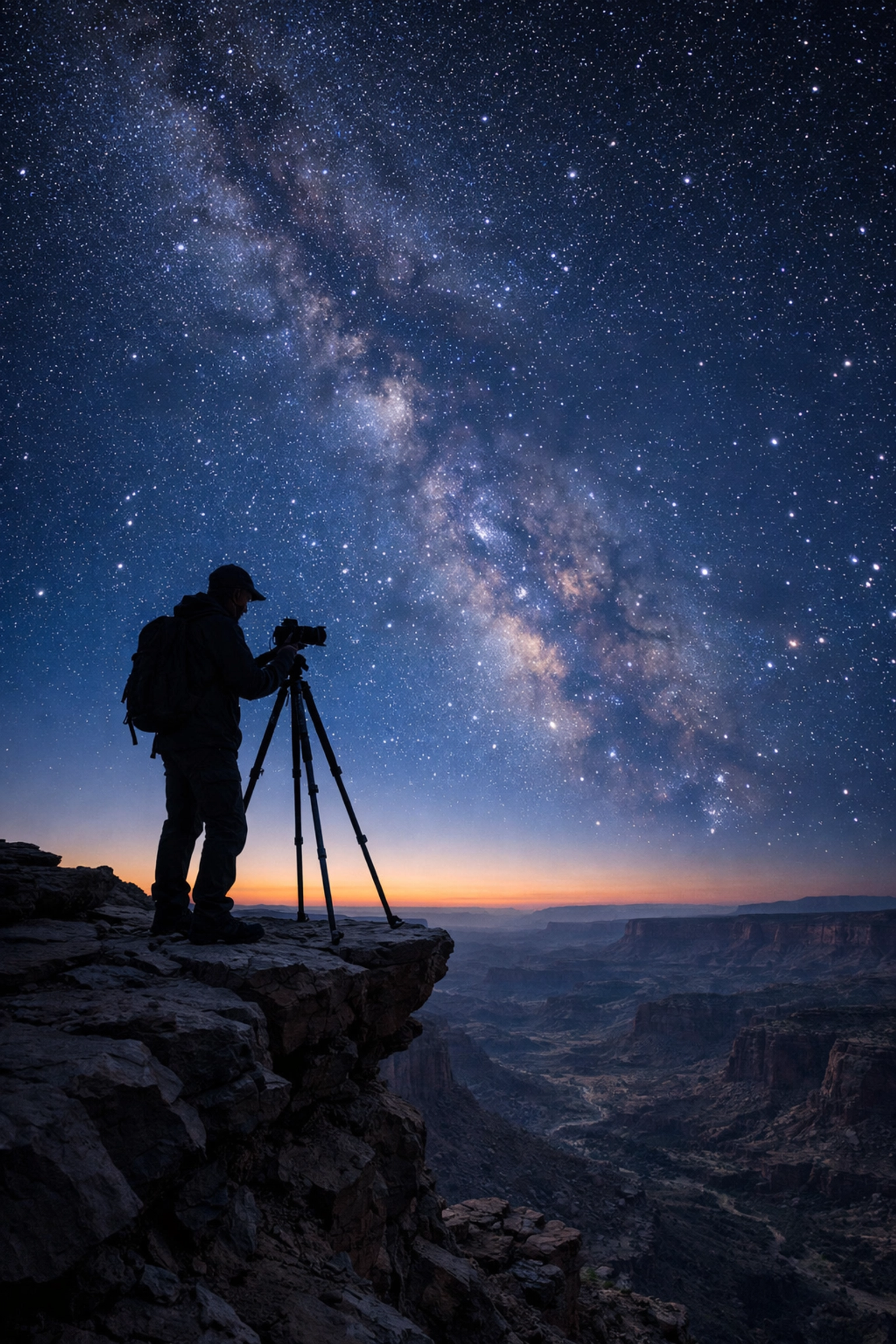 Photographer with a tripod on a cliffside, representing success through photography tutorials.