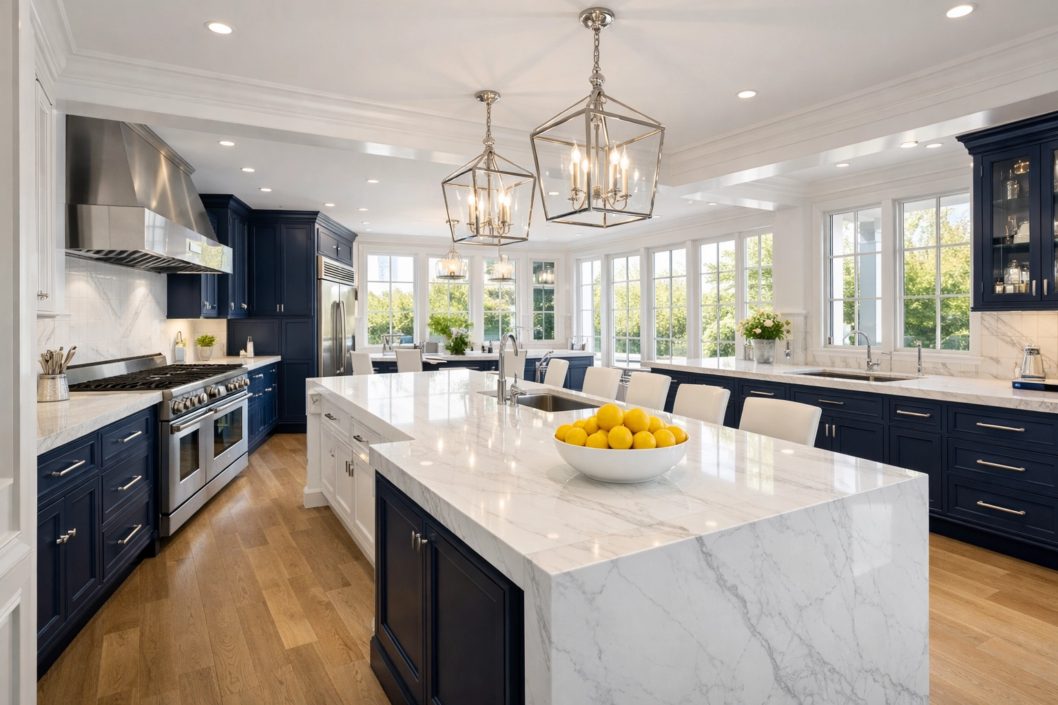 Spotless Dover kitchen with marble islands cleaned by a premier residential cleaning Massachusetts team.