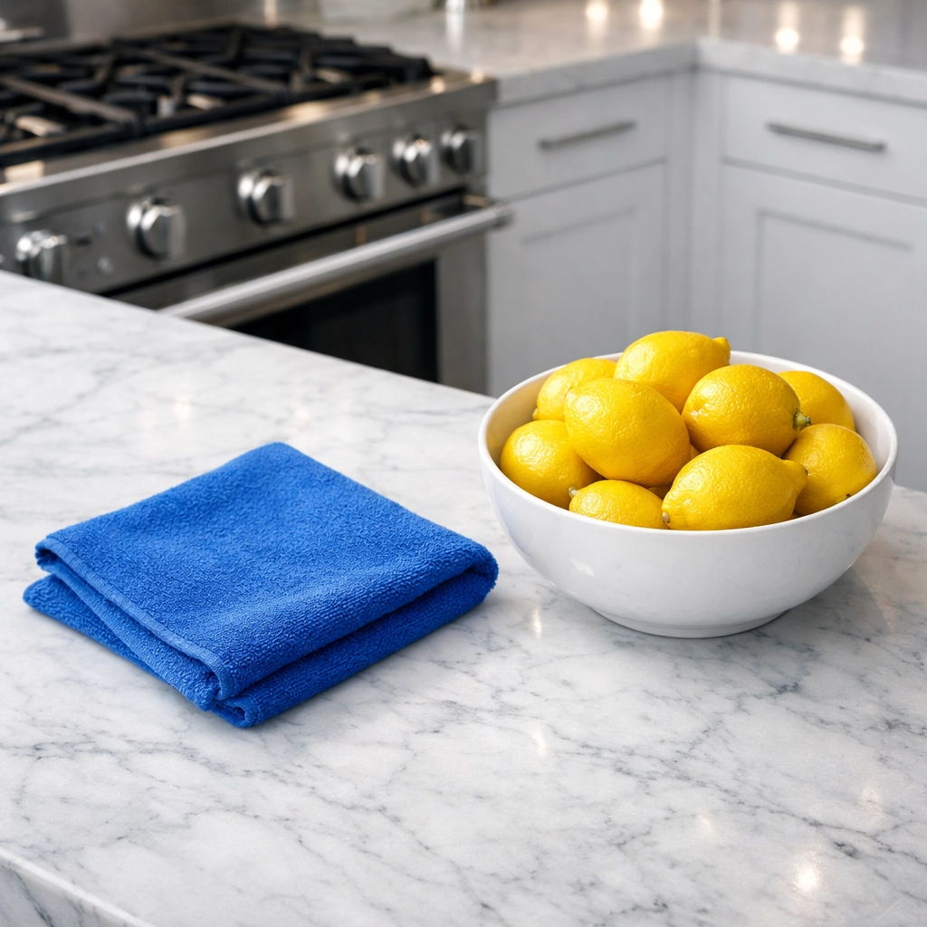 A clean Lunenburg kitchen with marble countertops and a microfiber cloth for fast cleaning.