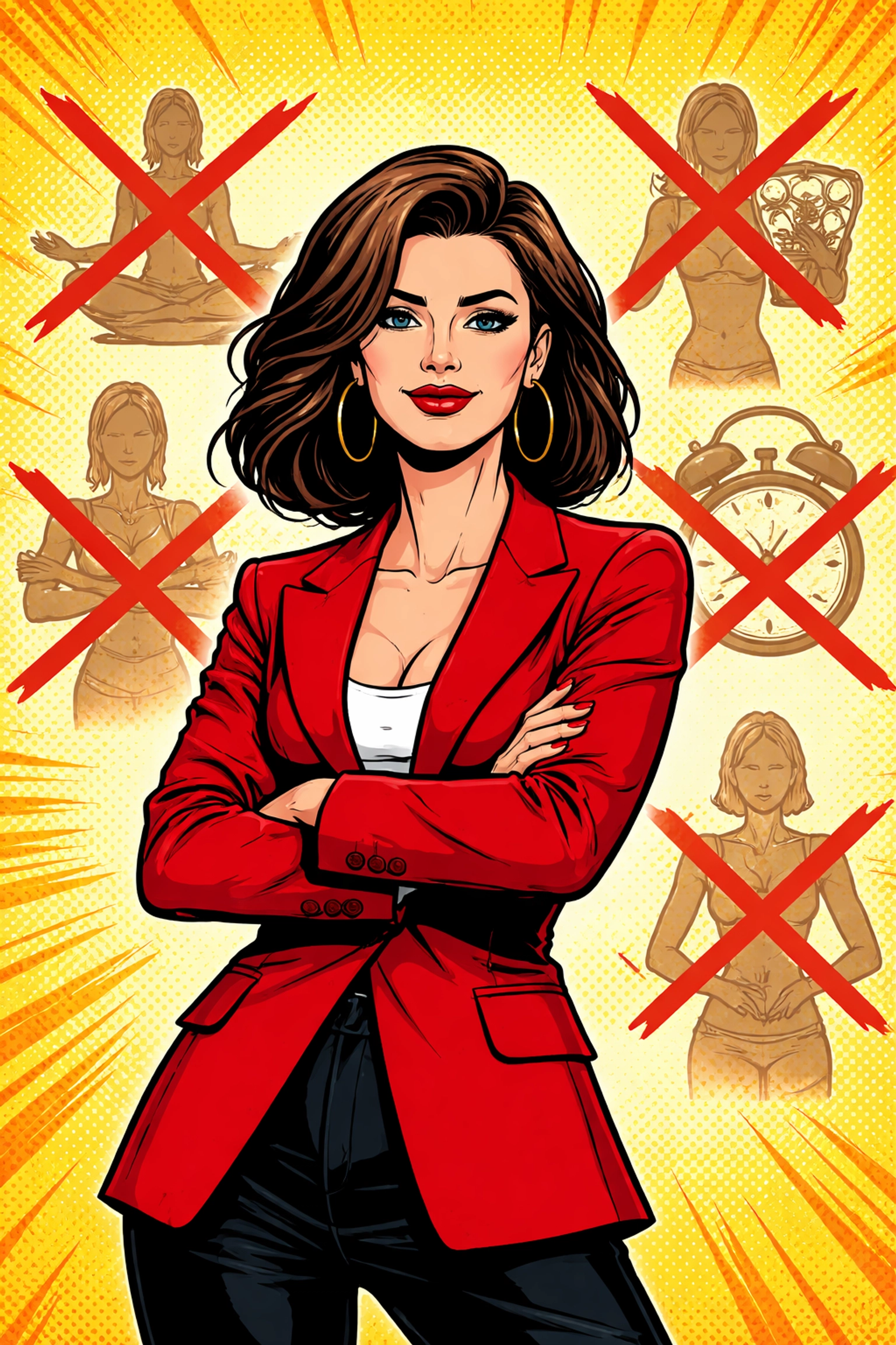 Confident woman in red blazer rejecting perfect woman stereotypes, embracing unapologetic identity