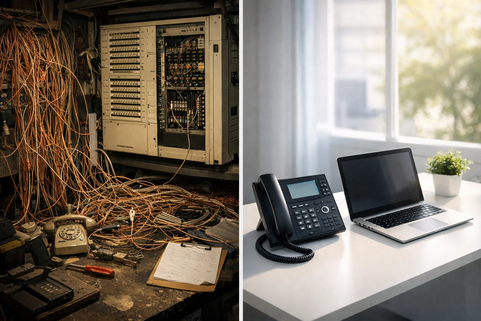 Comparison of a cluttered legacy PBX system versus a clean, modern workspace using business VoIP Canada solutions.