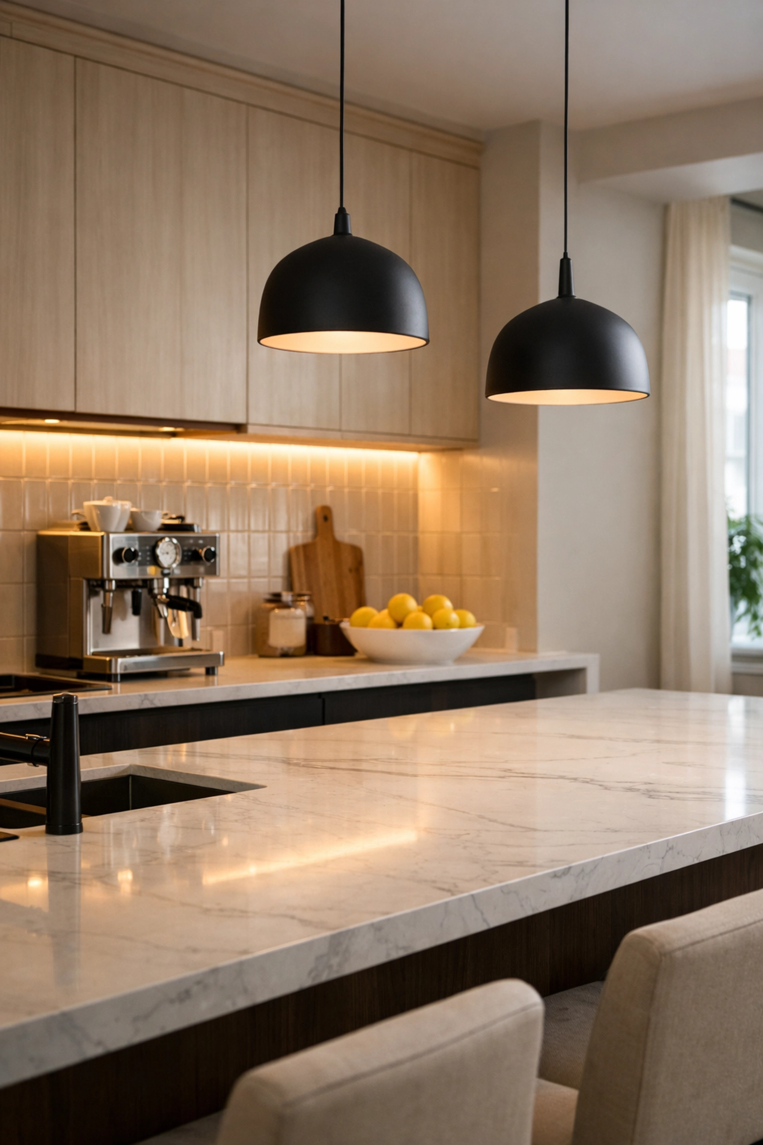 Modern Edmonton kitchen renovation featuring custom LED under-cabinet and pendant lighting.