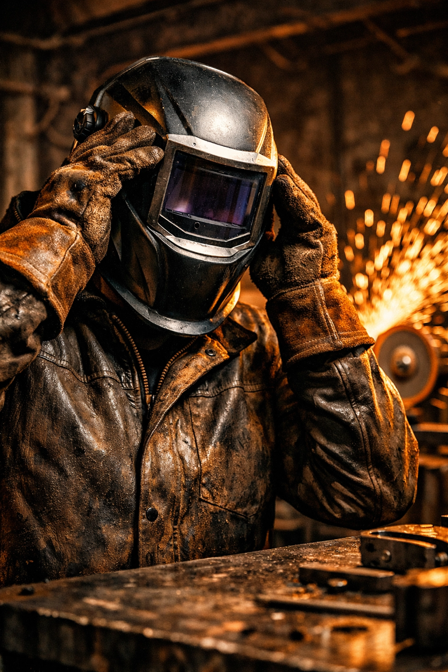 Welder adjusting an auto-darkening helmet for safety and comfort in Fort Wayne.