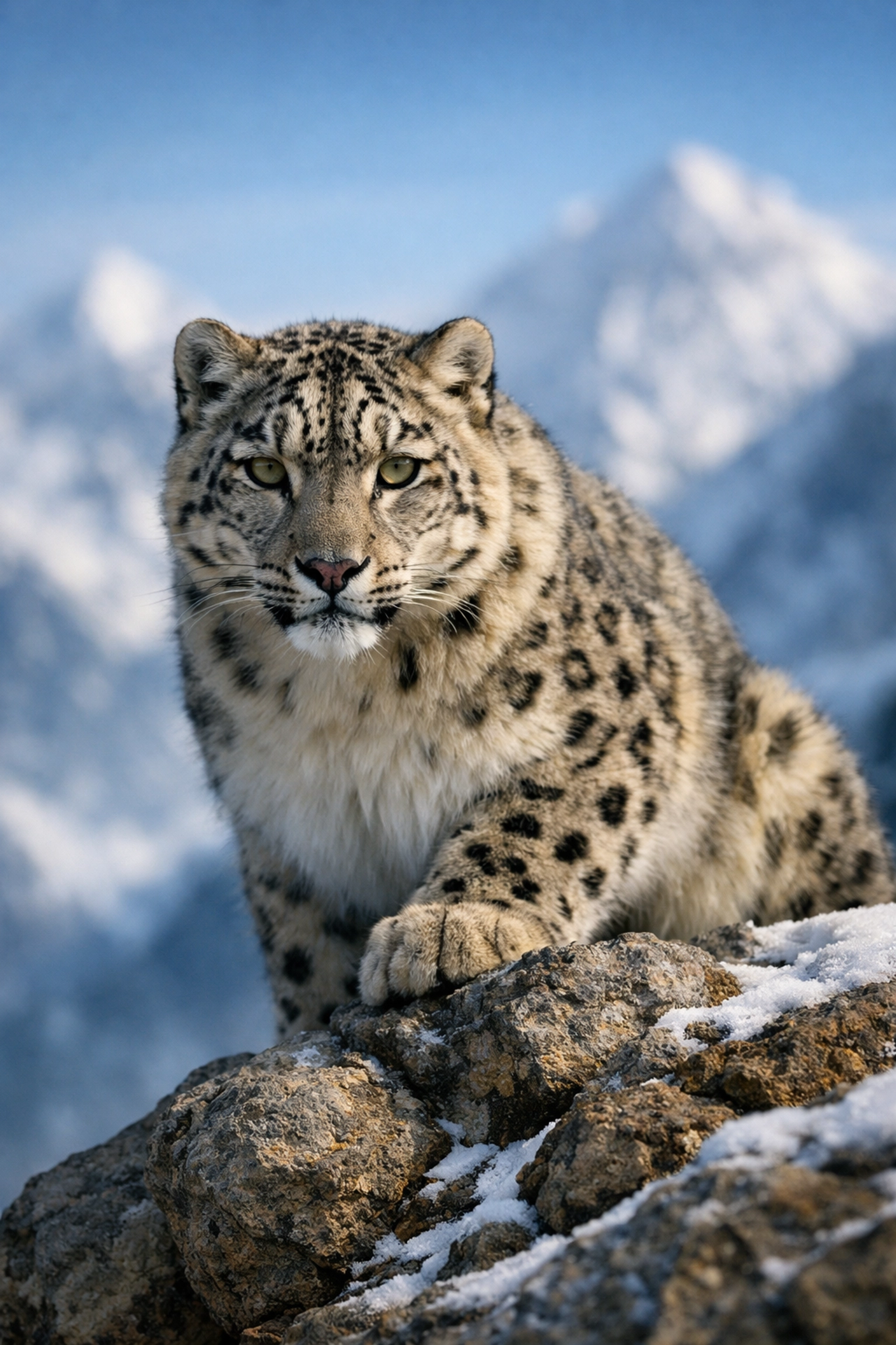 Detailed wildlife photo of a snow leopard in the Himalayas, captured using the latest camera gear at top photo spots.